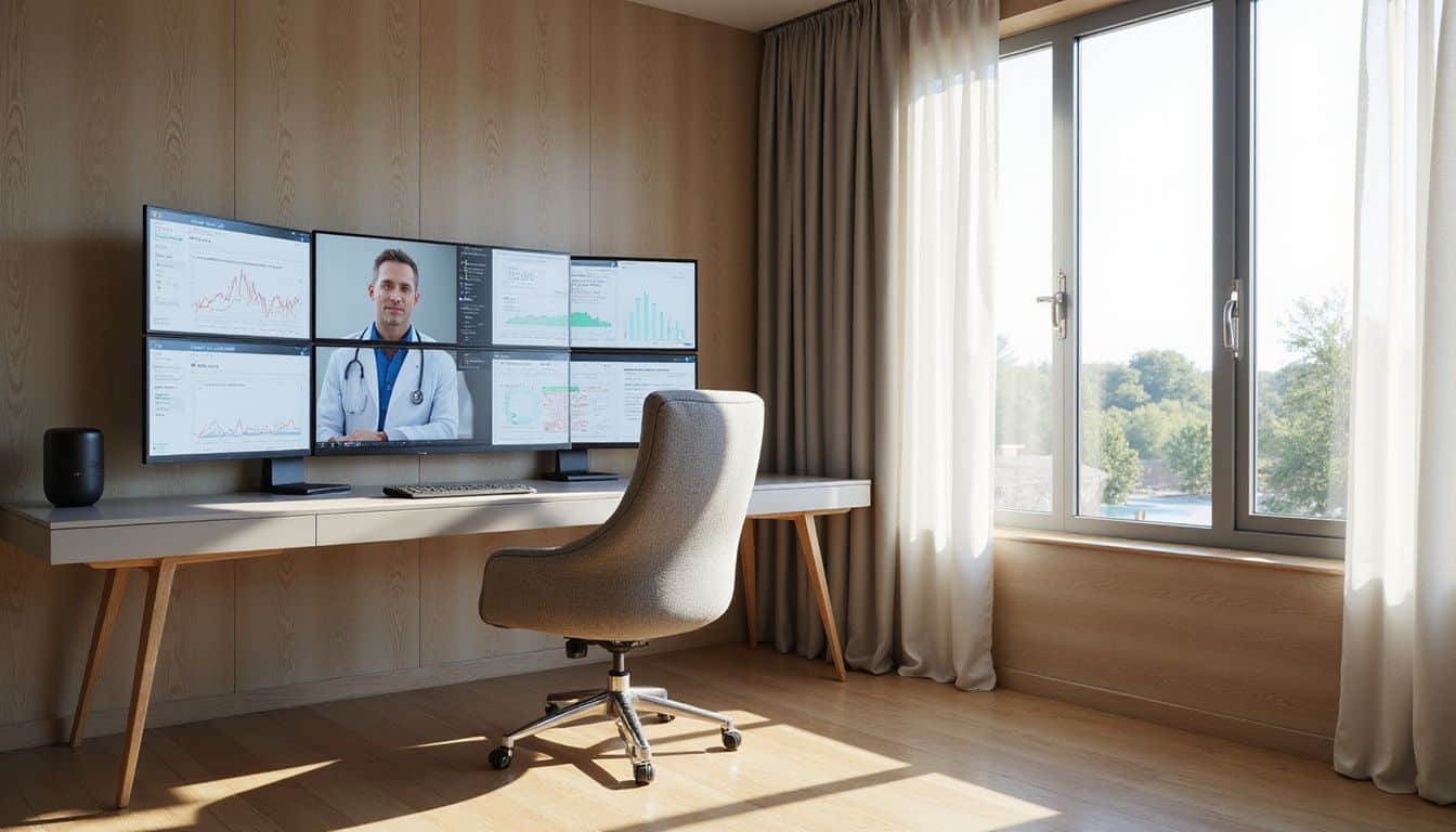 A sleek, minimalist home office features advanced monitors displaying genetic health data in a calm, modern environment. A sleek, minimalist home office features advanced monitors displaying genetic health data in a calm, modern environment.