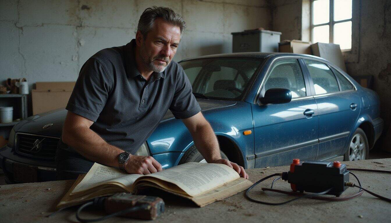 A middle-aged man examines a car's dashboard in a cluttered garage, focused on the vehicle's battery issues. A middle-aged man examines a car's dashboard in a cluttered garage, focused on the vehicle's battery issues.