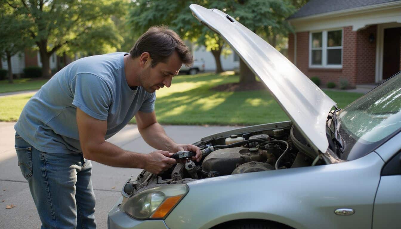 A middle-aged man diligently works on the engine of a silver sedan in a suburban driveway. A middle-aged man diligently works on the engine of a silver sedan in a suburban driveway.