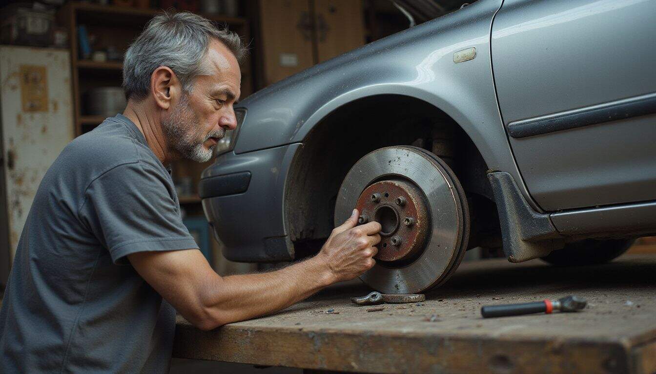 A man in his mid-40s performs routine maintenance on a sedan in a cluttered garage. A man in his mid-40s performs routine maintenance on a sedan in a cluttered garage.