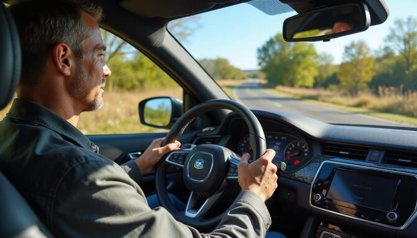 A focused man drives a well-kept car along a winding road surrounded by greenery and wildflowers. A focused man drives a well-kept car along a winding road surrounded by greenery and wildflowers.