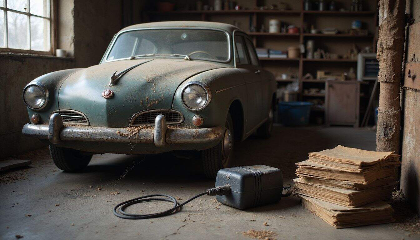 A vintage car, covered in dust and cobwebs, rests in an old garage surrounded by maintenance manuals and tools. A vintage car, covered in dust and cobwebs, rests in an old garage surrounded by maintenance manuals and tools.