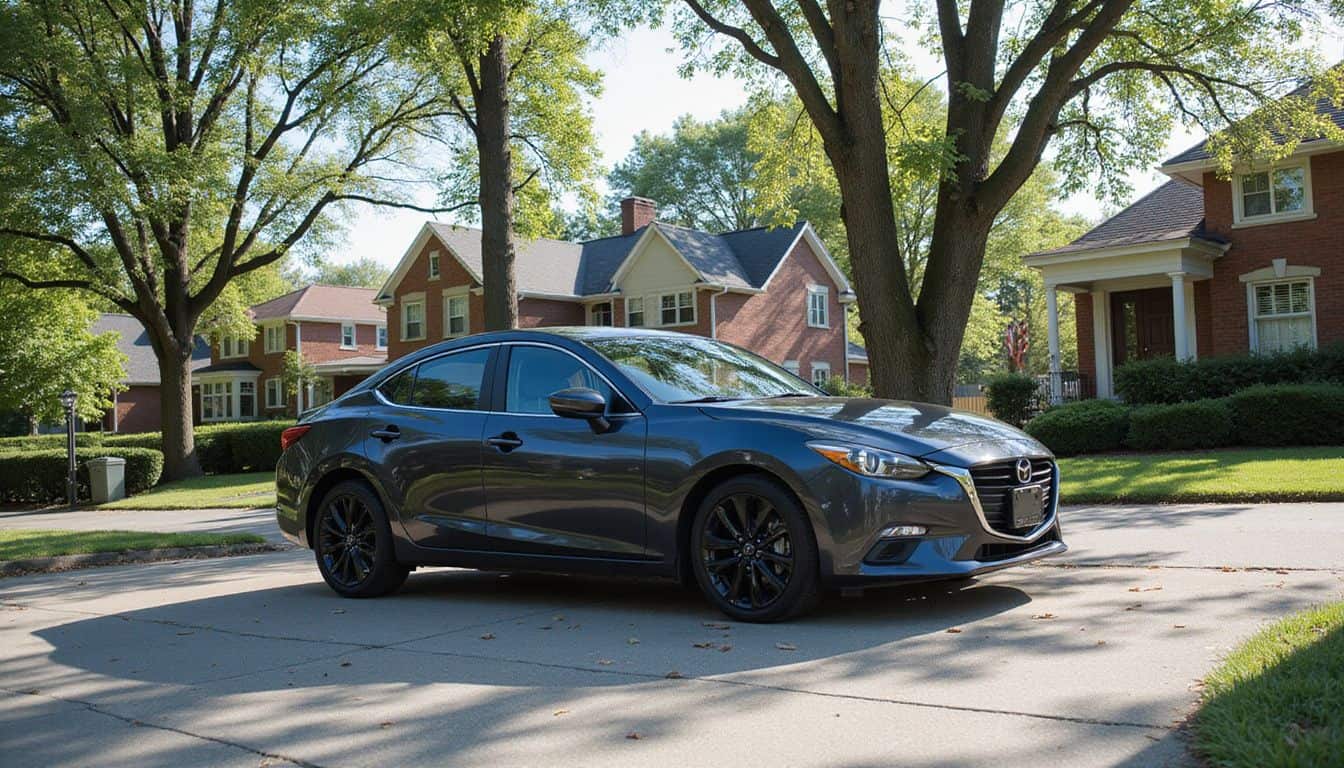 A sleek dark blue sedan idles in a tranquil suburban driveway surrounded by well-kept homes and lush trees. A sleek dark blue sedan idles in a tranquil suburban driveway surrounded by well-kept homes and lush trees.