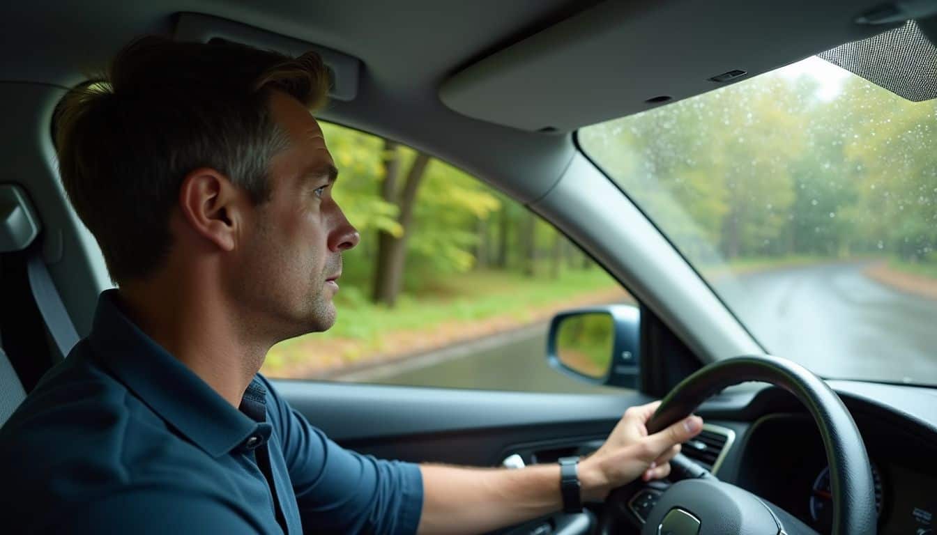 A man in his 40s drives a modern sedan along a winding, rain-slicked road surrounded by lush greenery. A man in his 40s drives a modern sedan along a winding, rain-slicked road surrounded by lush greenery.
