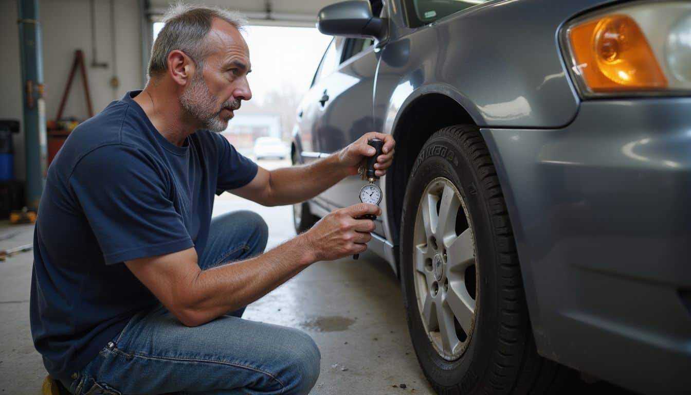 A middle-aged man attentively checks the air level on a tire in a cluttered garage. A middle-aged man attentively checks the air level on a tire in a cluttered garage.