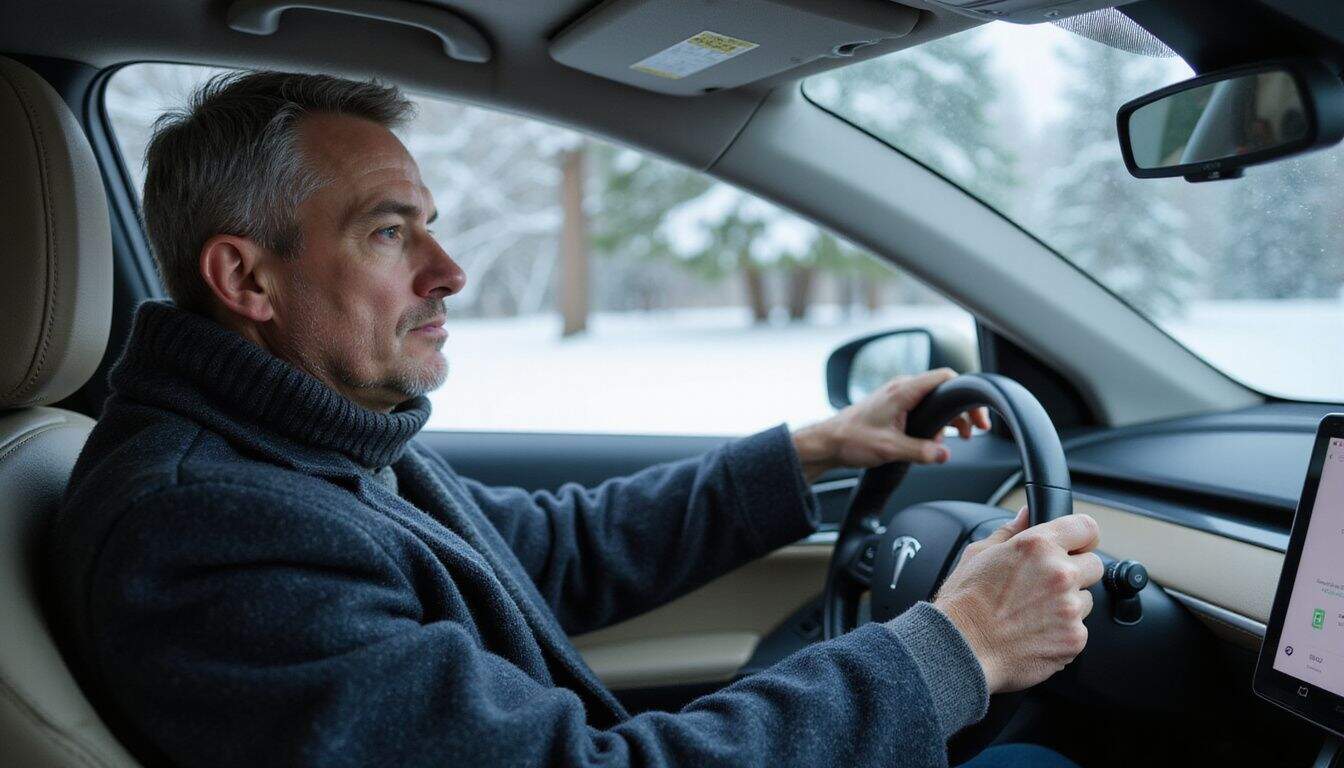 A middle-aged man in a navy wool coat drives a modern car through a snowy landscape. A middle-aged man in a navy wool coat drives a modern car through a snowy landscape.
