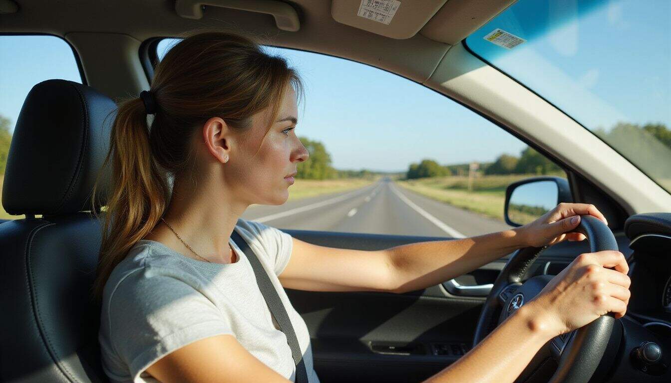 A woman drives attentively on a highway, dressed casually, amidst a scenic backdrop of green fields and distant trees. A woman drives attentively on a highway, dressed casually, amidst a scenic backdrop of green fields and distant trees.