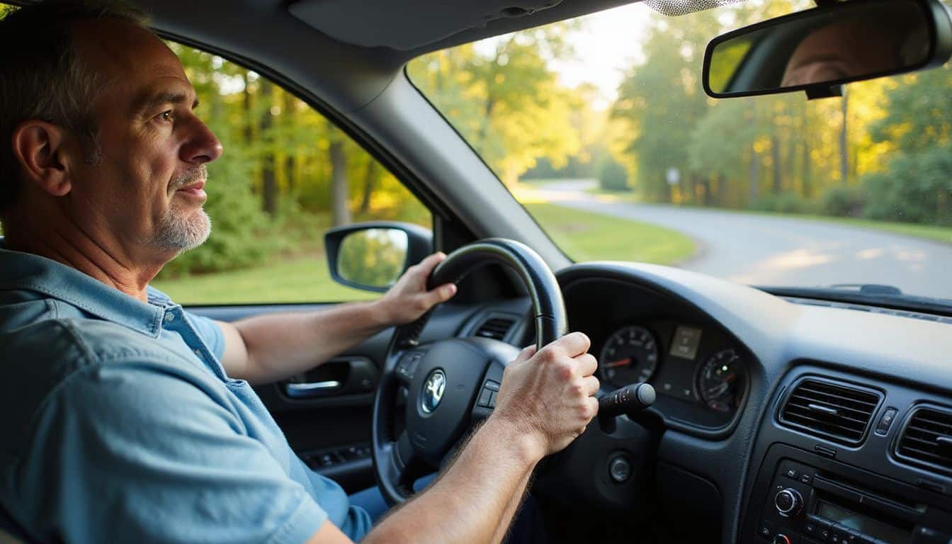 A middle-aged man sits calmly in his sedan, focused on driving along a peaceful rural road. A middle-aged man sits calmly in his sedan, focused on driving along a peaceful rural road.