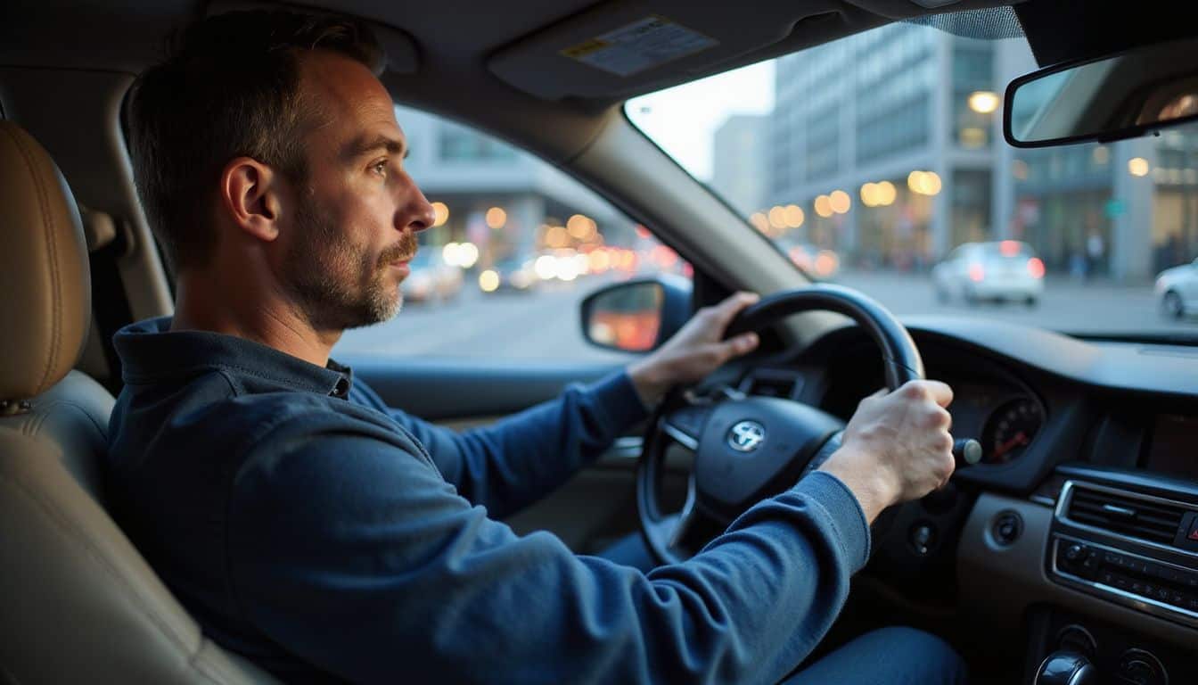 A man drives his car through an urban setting, embodying calm concentration during a routine evening commute. A man drives his car through an urban setting, embodying calm concentration during a routine evening commute.