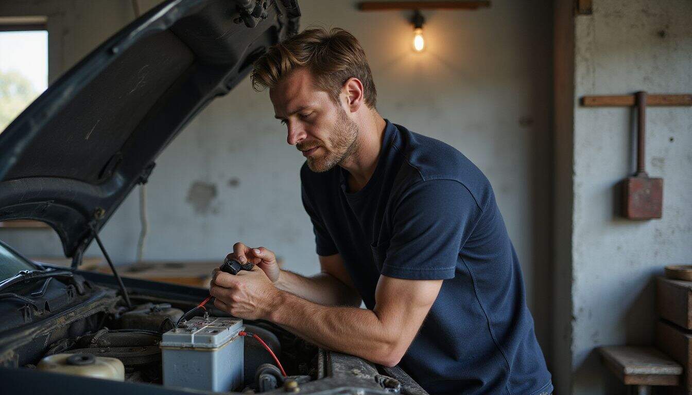 A man in a worn shirt tests a car battery in a cluttered garage, displaying focused diligence. A man in a worn shirt tests a car battery in a cluttered garage, displaying focused diligence.