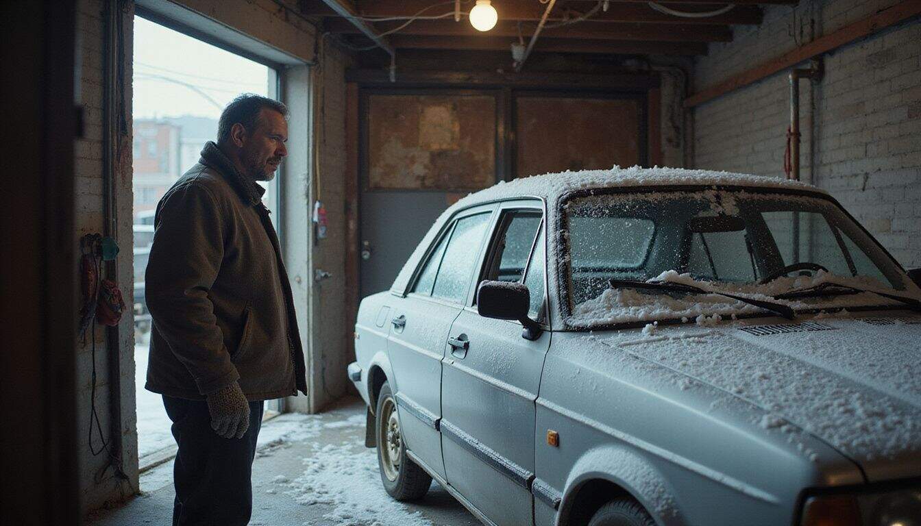 A man leans against a garage door, observing his snow-covered sedan in a cluttered, wintry garage. A man leans against a garage door, observing his snow-covered sedan in a cluttered, wintry garage.