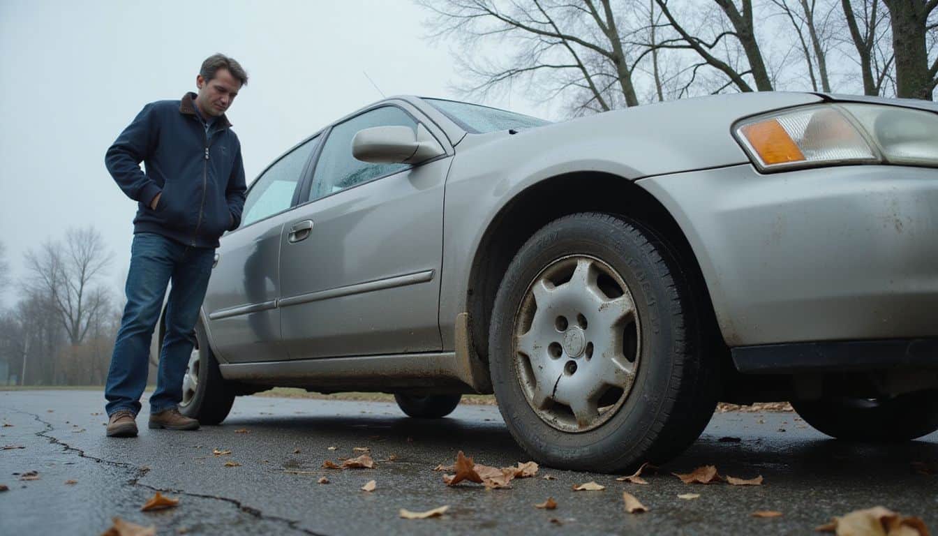 A man inspects a silver sedan with flat tires parked on cracked asphalt amidst a chilly, neglected environment. A man inspects a silver sedan with flat tires parked on cracked asphalt amidst a chilly, neglected environment.
