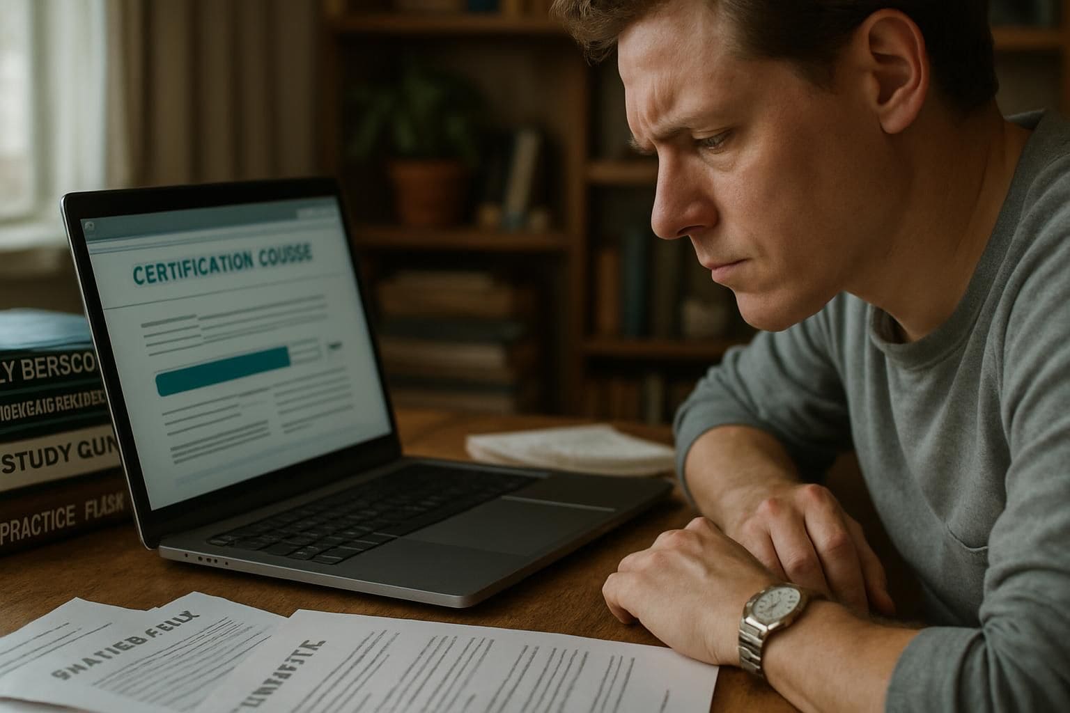 A focused individual studies cybersecurity materials at a cluttered home office desk, surrounded by textbooks and a laptop. A focused individual studies cybersecurity materials at a cluttered home office desk, surrounded by textbooks and a laptop.