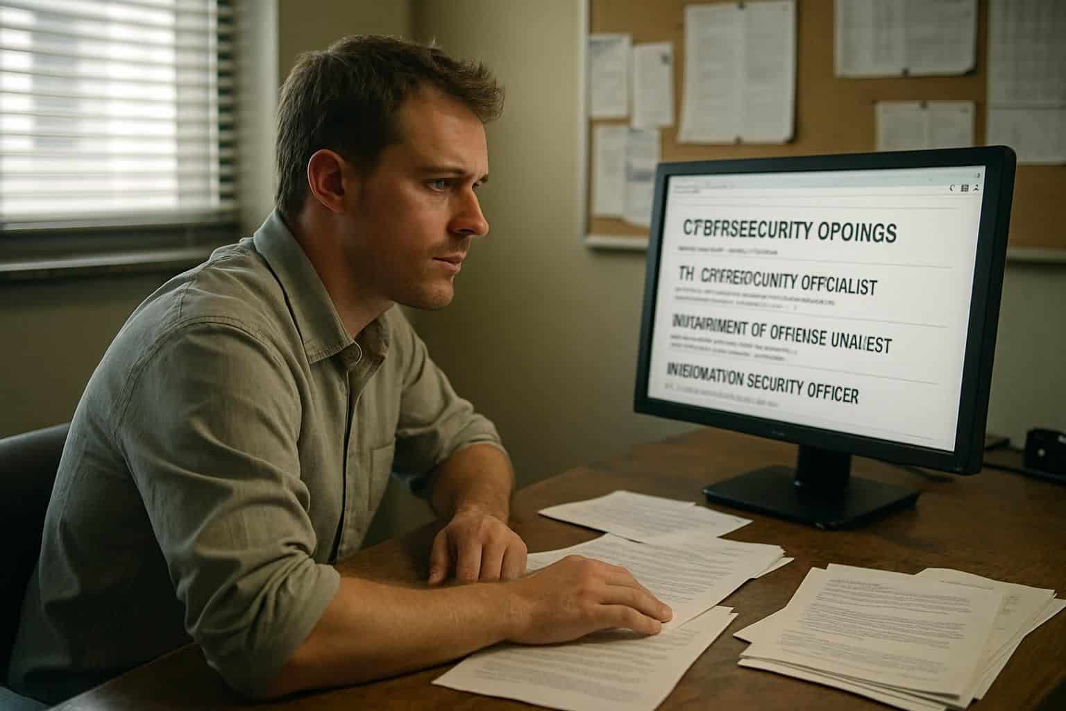 A focused man reviews cybersecurity job listings at a desk filled with documents in a government office. A focused man reviews cybersecurity job listings at a desk filled with documents in a government office.