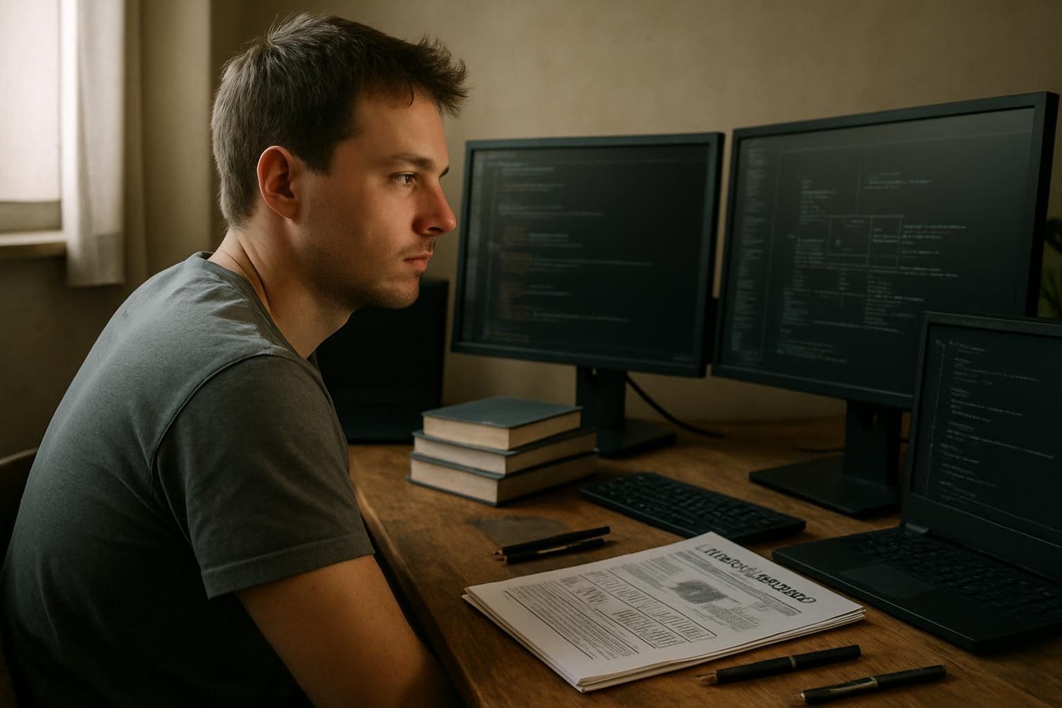 A young man sits at a cluttered wooden desk, focused on multiple monitors displaying cybersecurity materials and textbooks. A young man sits at a cluttered wooden desk, focused on multiple monitors displaying cybersecurity materials and textbooks.