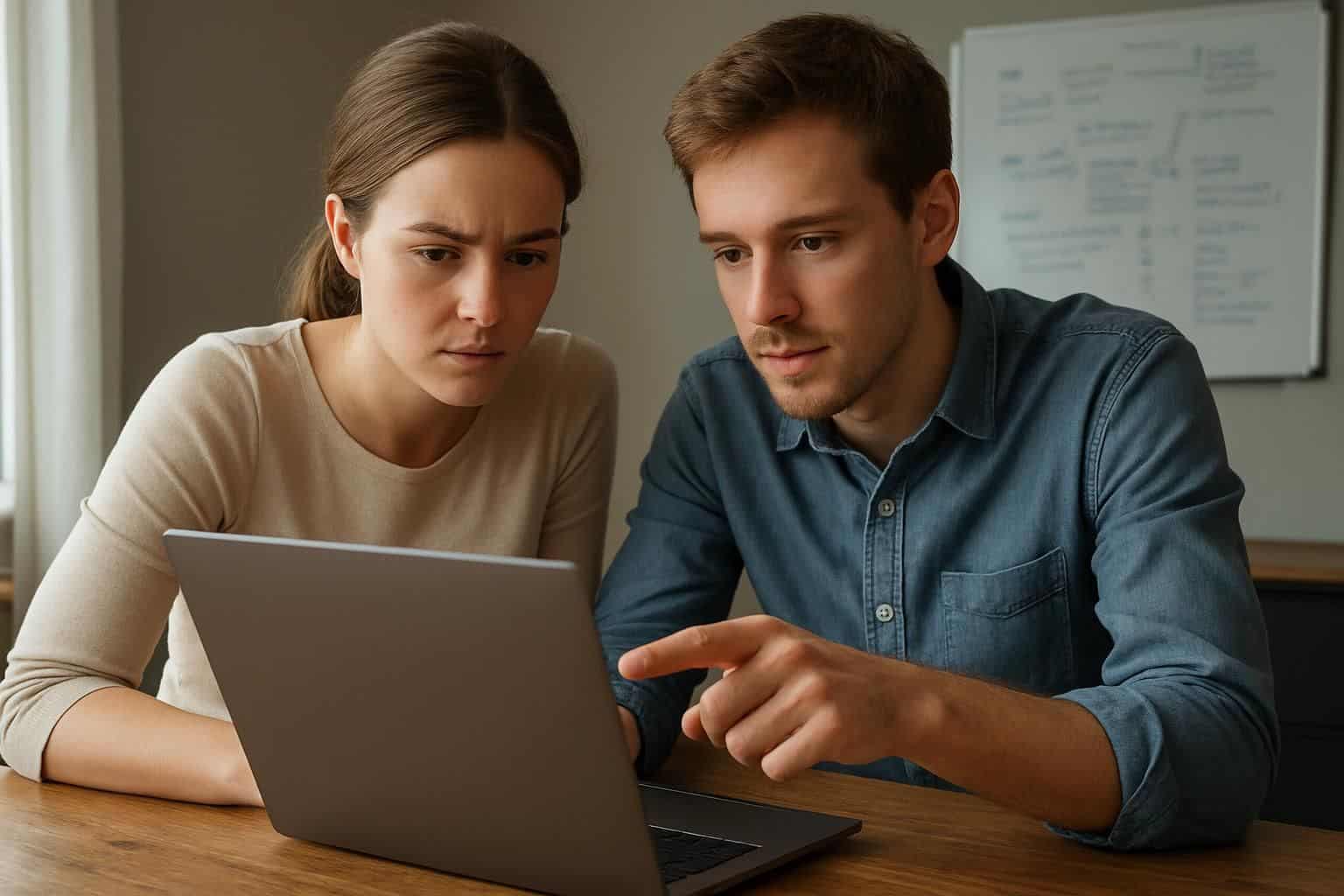 A woman and man collaborate over a laptop in a modern home office, focused on their work. A woman and man collaborate over a laptop in a modern home office, focused on their work.
