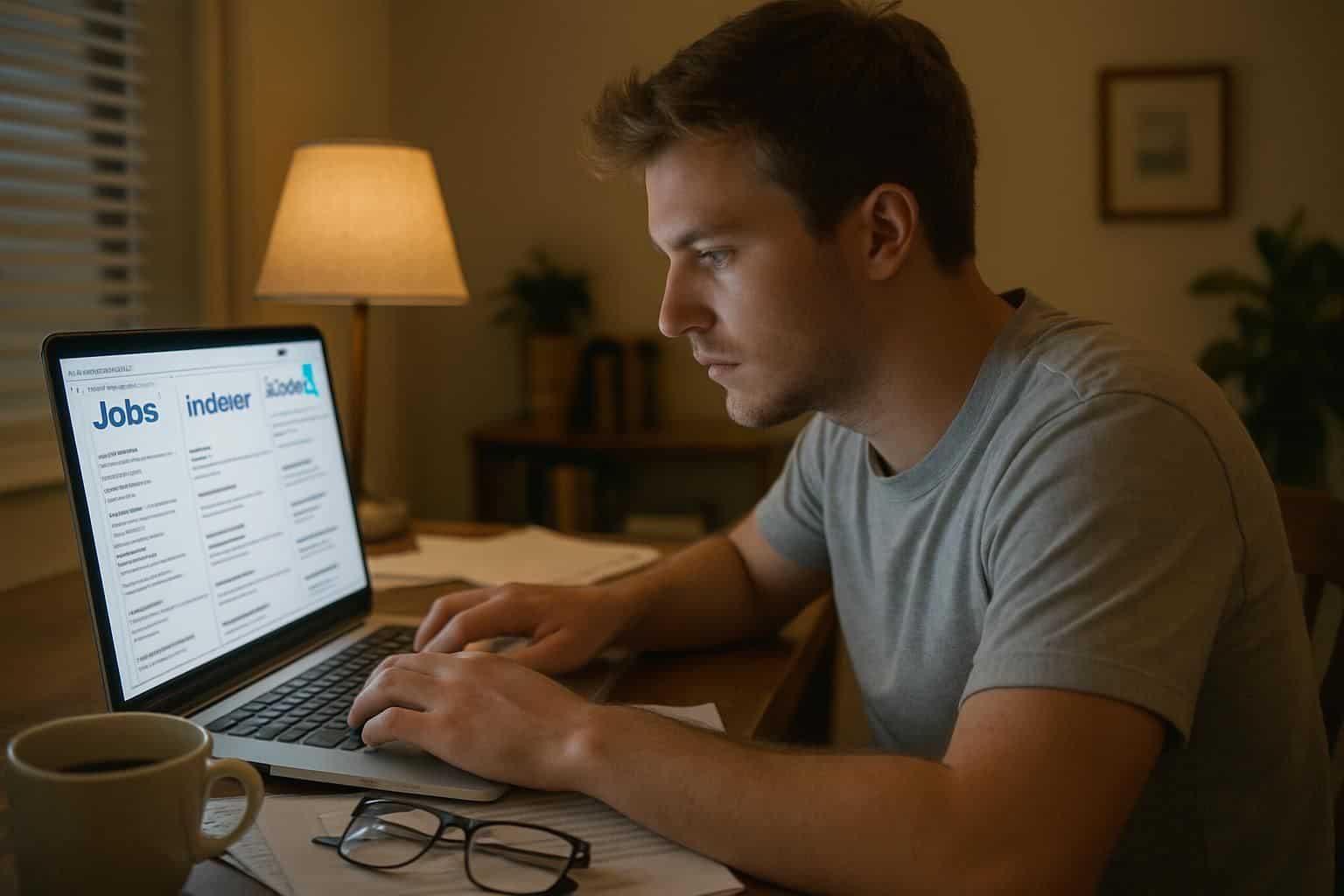 A focused young man sits at his cluttered desk, browsing job listings on his laptop amidst scattered papers and a coffee mug. A focused young man sits at his cluttered desk, browsing job listings on his laptop amidst scattered papers and a coffee mug.