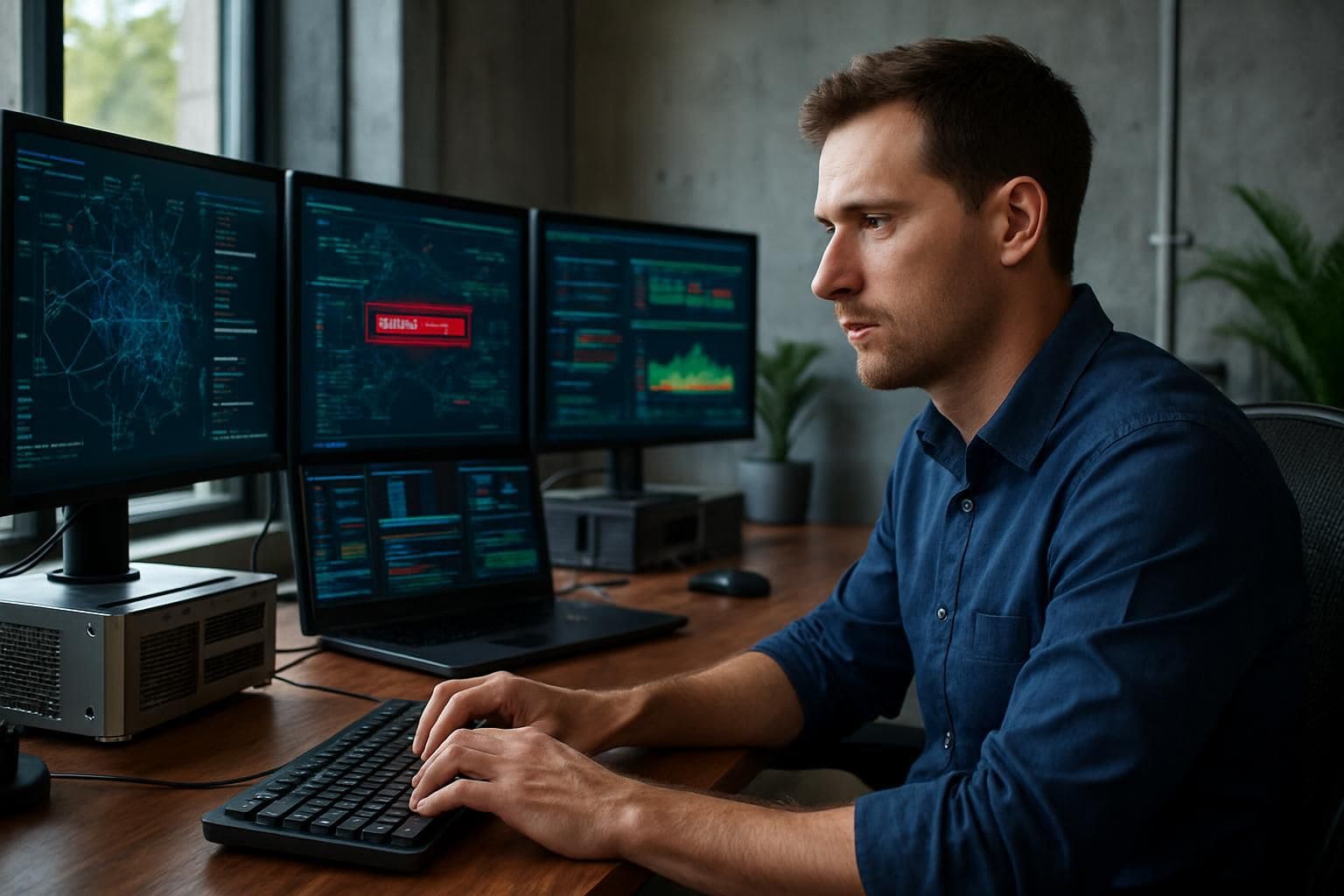 A focused cybersecurity professional works at a modern office filled with high-tech monitors and sleek furnishings. A focused cybersecurity professional works at a modern office filled with high-tech monitors and sleek furnishings.