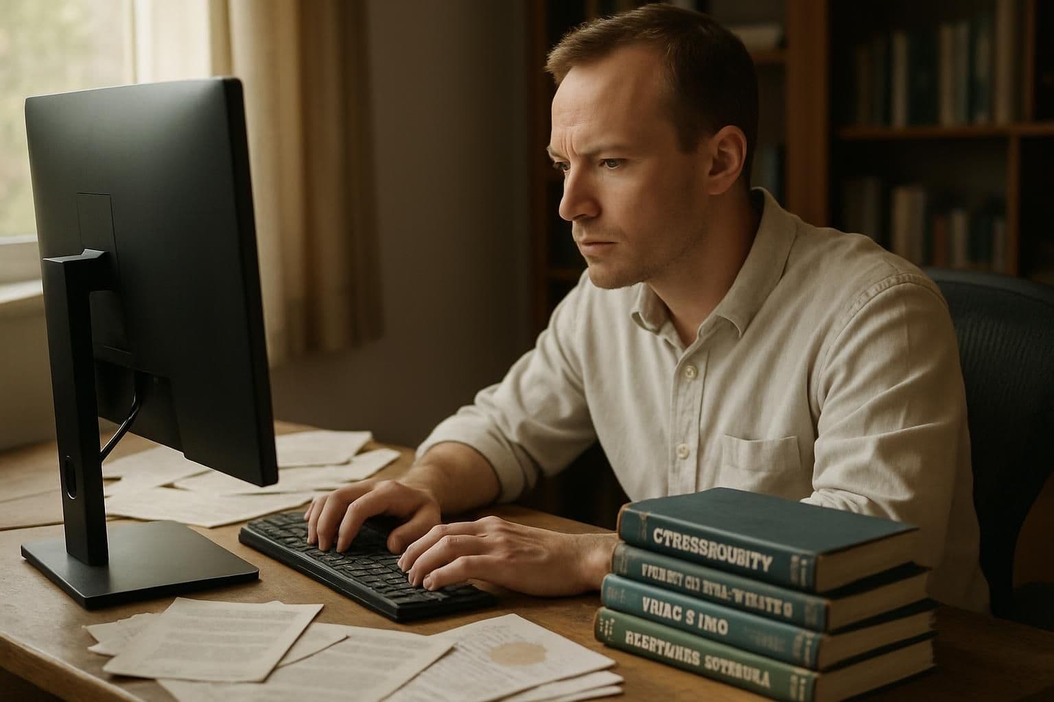 A cluttered home office features a focused individual working at a polished desk surrounded by papers and cybersecurity books. A cluttered home office features a focused individual working at a polished desk surrounded by papers and cybersecurity books.