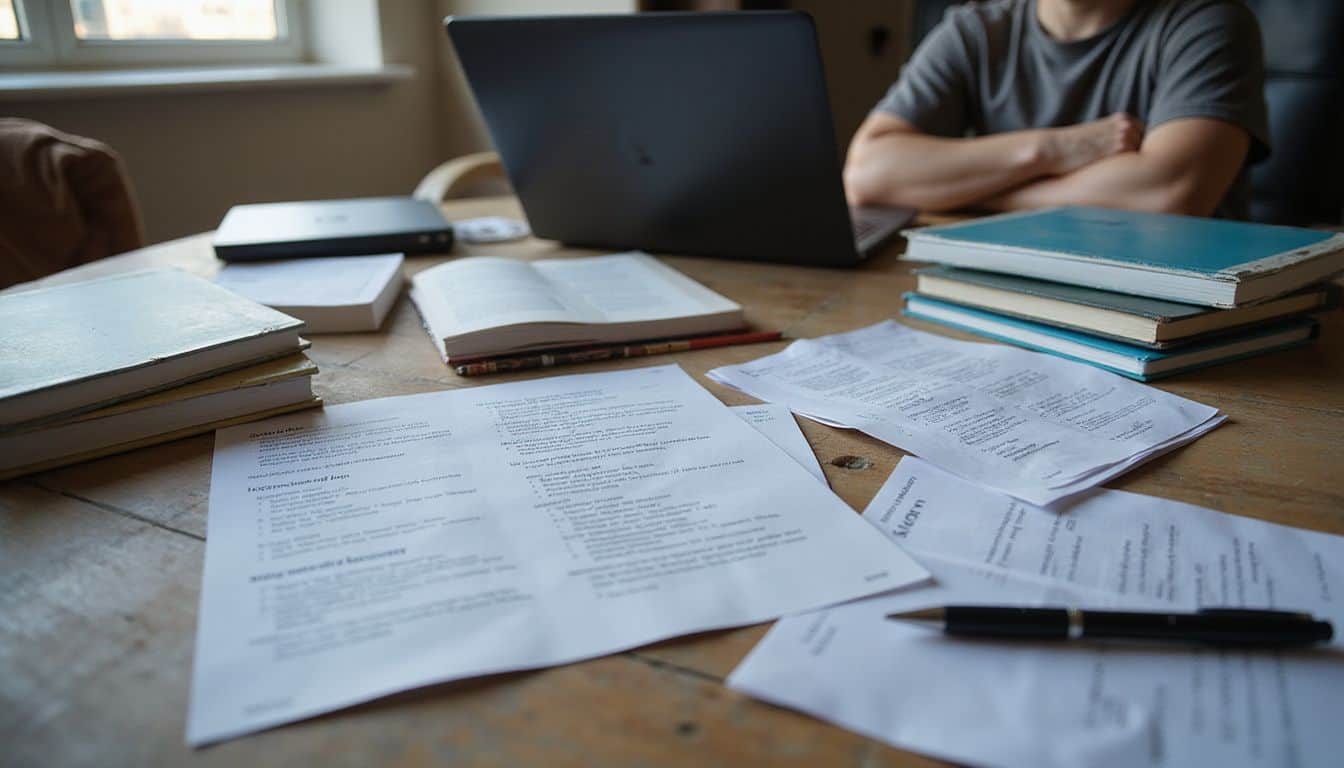 A person studies cybersecurity using an open laptop, textbooks, and handwritten notes on a well-worn wooden desk. A person studies cybersecurity using an open laptop, textbooks, and handwritten notes on a well-worn wooden desk.