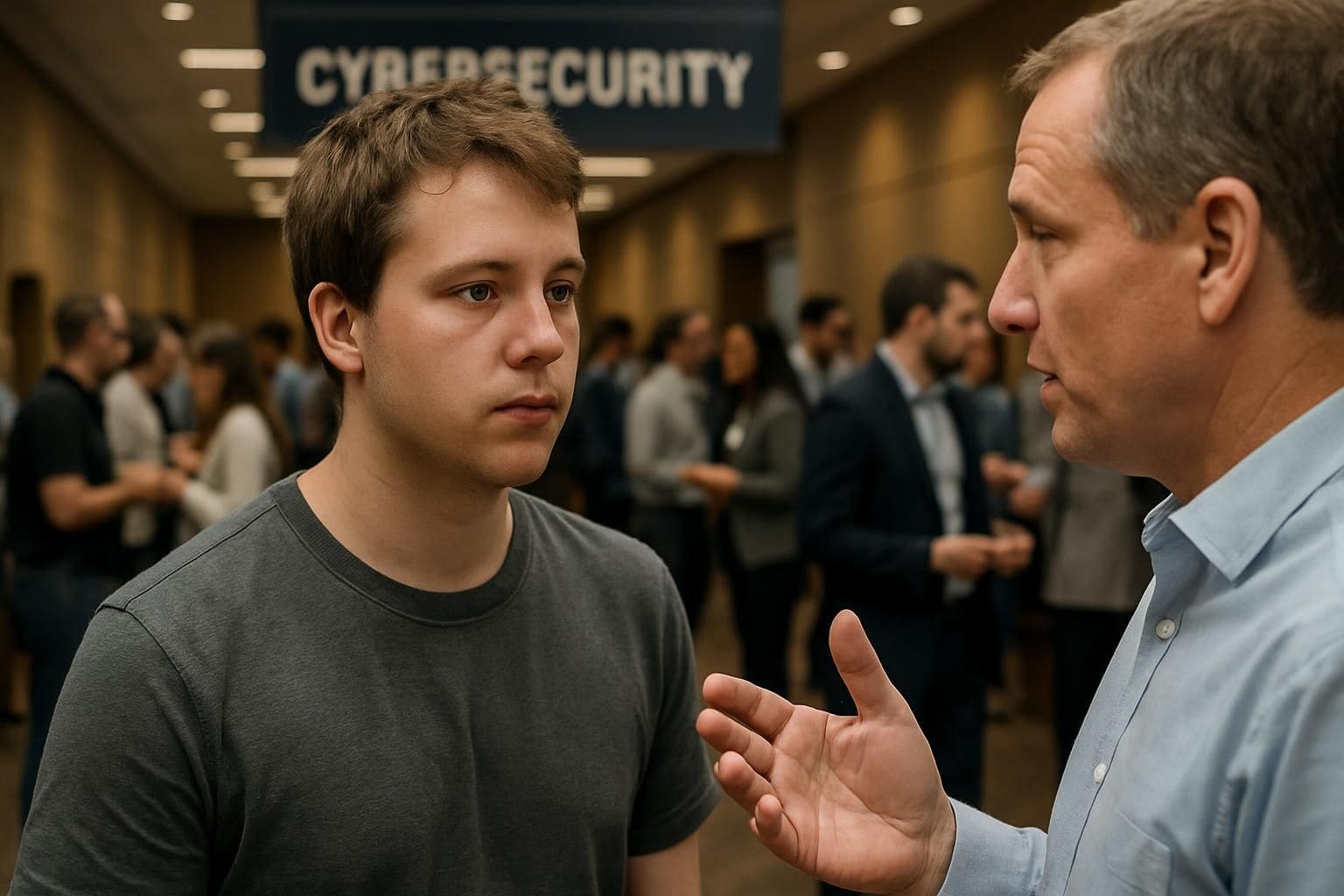 A young adult engages attentively with a mentor amidst a lively cybersecurity conference filled with professionals networking. A young adult engages attentively with a mentor amidst a lively cybersecurity conference filled with professionals networking.