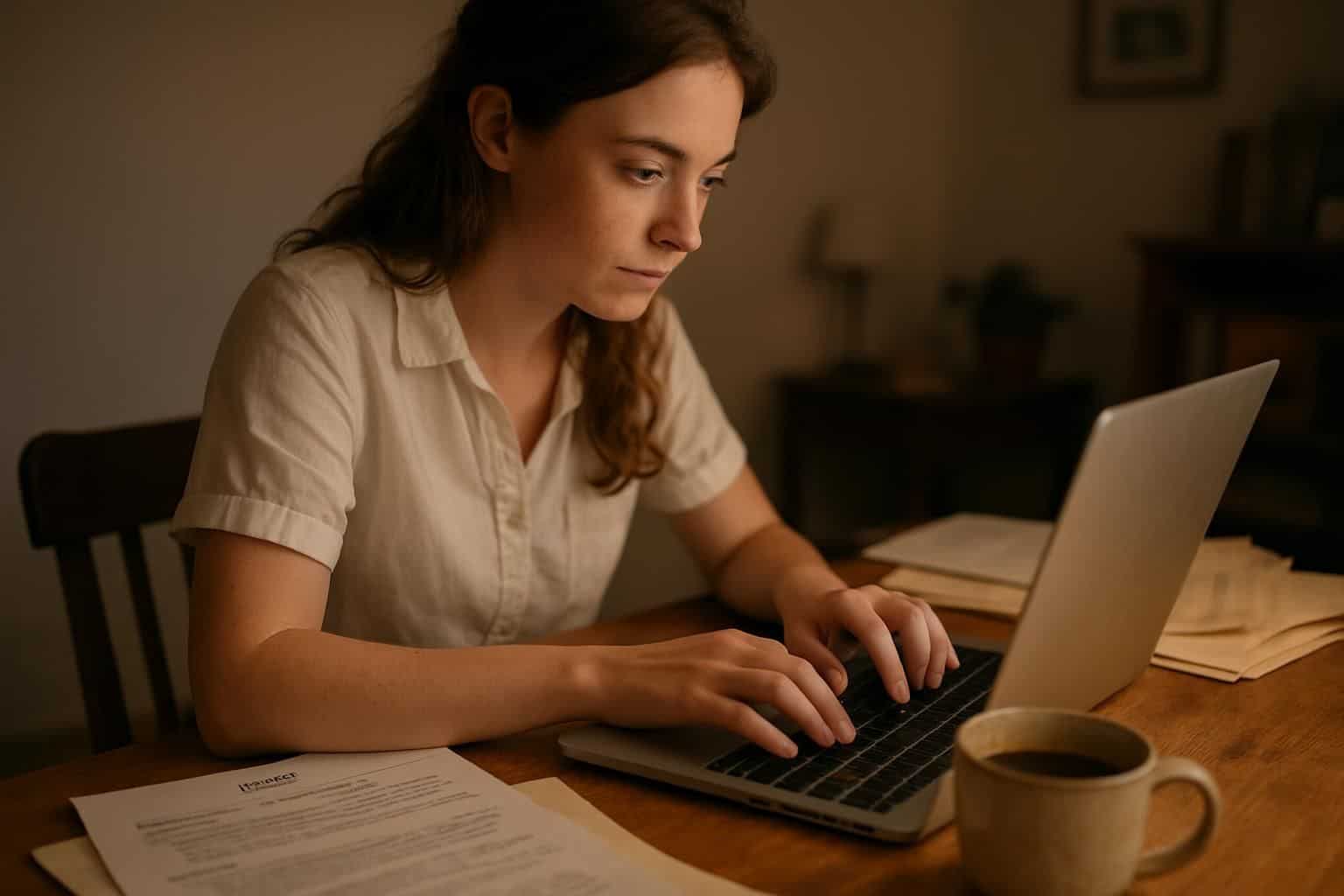 A young woman sits at a desk, intently working on her laptop amid scattered job applications and a coffee cup. A young woman sits at a desk, intently working on her laptop amid scattered job applications and a coffee cup.