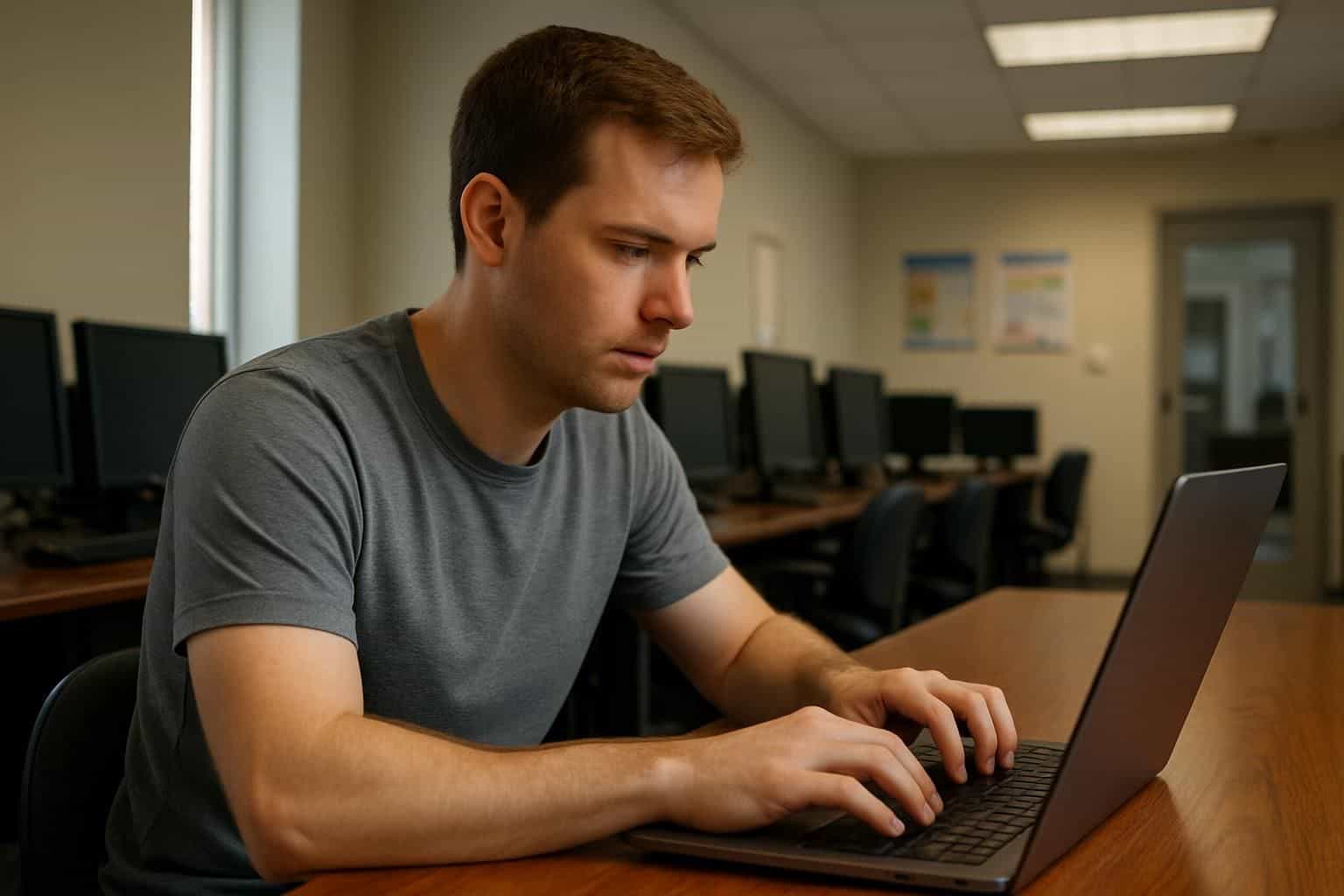 A focused young man types on a laptop at a tidy office desk surrounded by computers. A focused young man types on a laptop at a tidy office desk surrounded by computers.