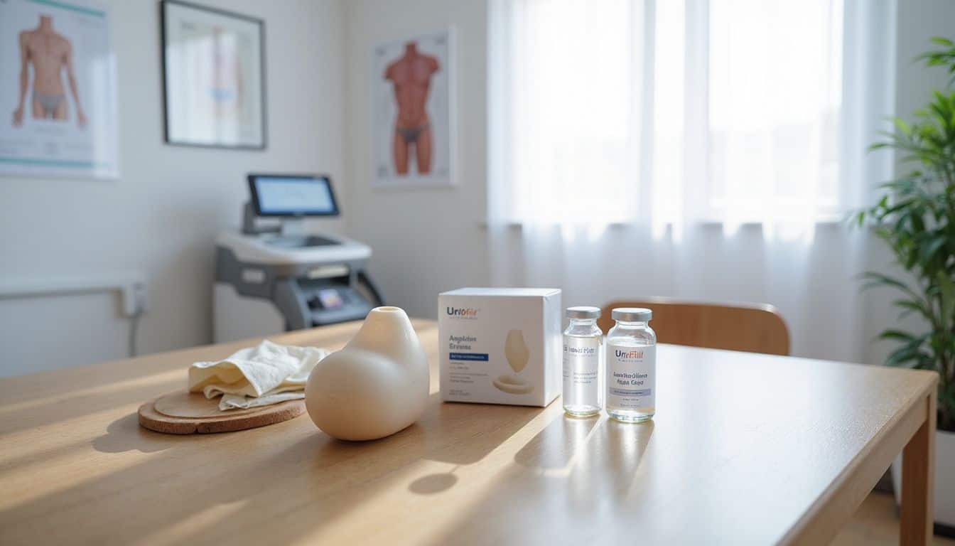 A modern medical consultation room displays various girth enhancement options, emphasizing clinical safety and product quality.