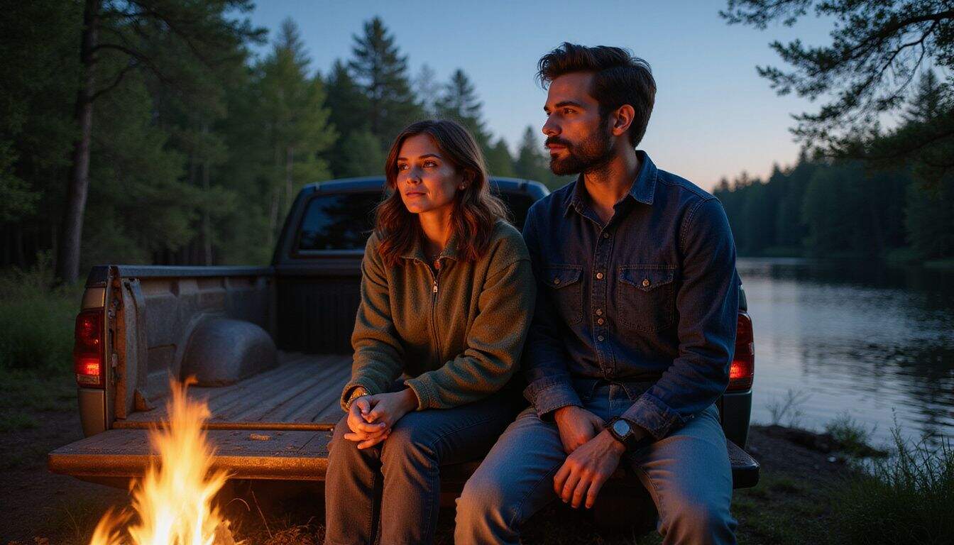 A couple in their 30s sits by a campfire next to a river with trees in the background. A couple in their 30s sits by a campfire next to a river with trees in the background.