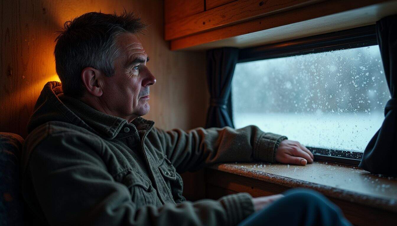 A man in his 30s is seated in a cozy camper shell during a snowy winter evening. A man in his 30s is seated in a cozy camper shell during a snowy winter evening.