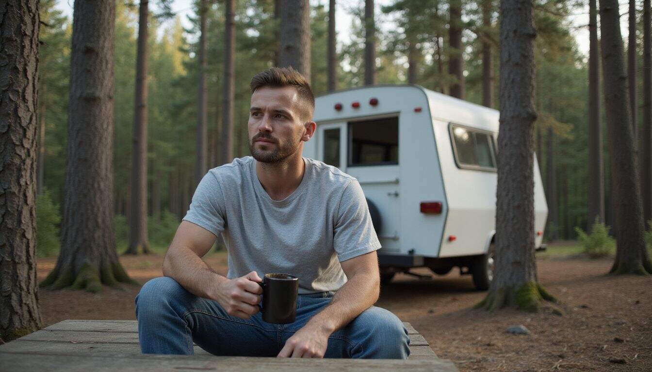A man in his 30s sits at a picnic table in a forest, holding a mug of coffee. A man in his 30s sits at a picnic table in a forest, holding a mug of coffee.