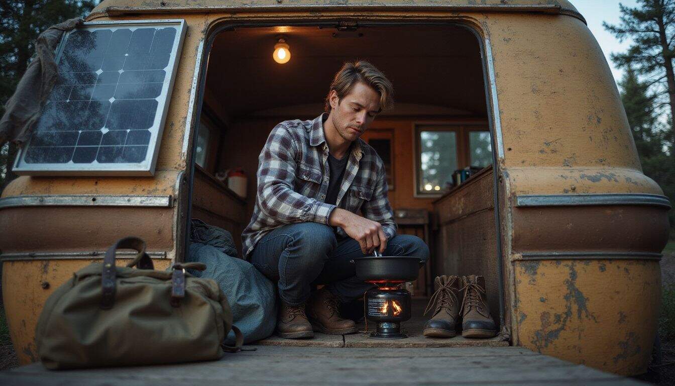 A young man is cooking outdoors in a weathered camper shell, surrounded by camping gear. A young man is cooking outdoors in a weathered camper shell, surrounded by camping gear.