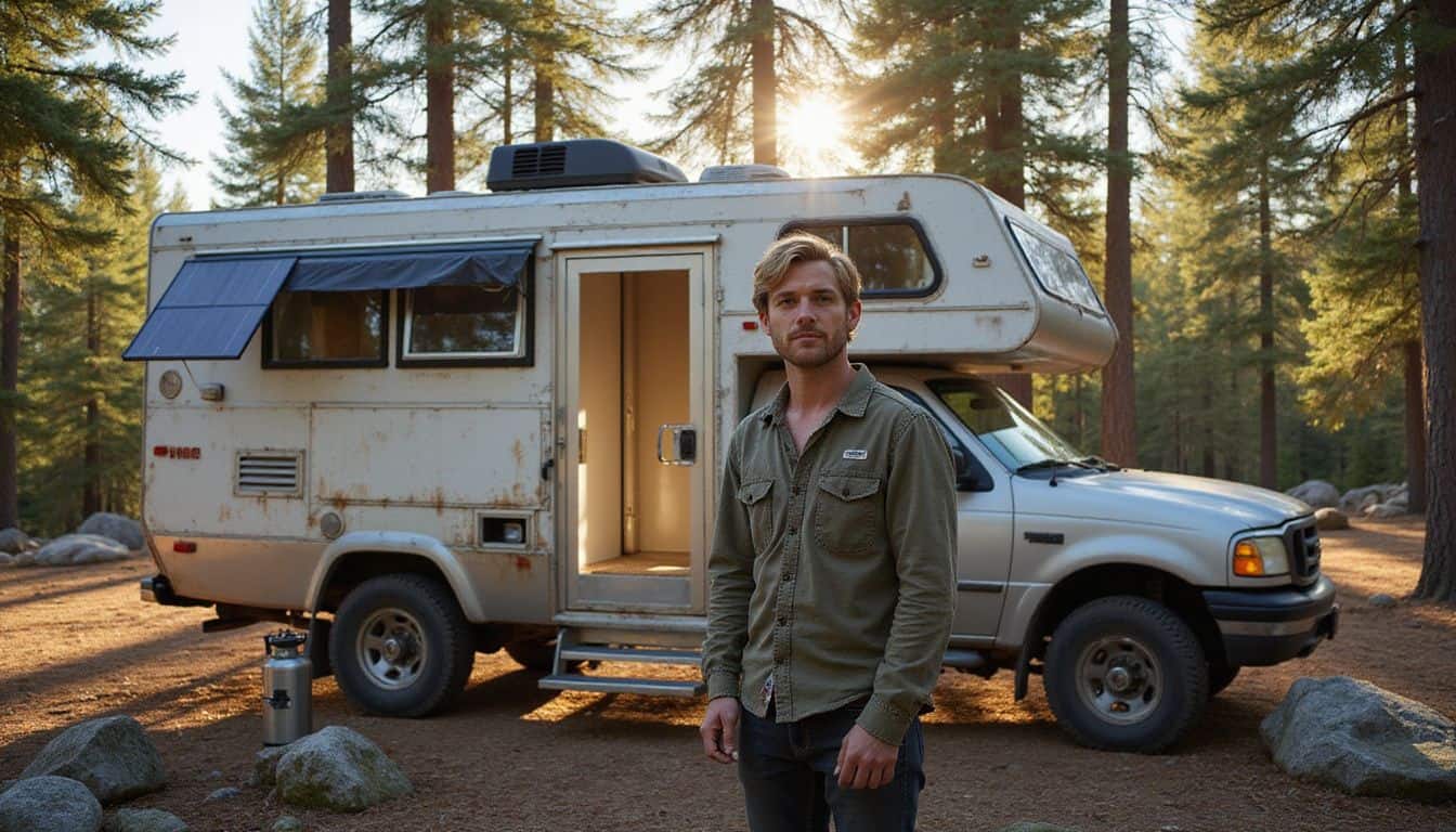 A rugged truck camper sits in a forest campsite, with solar panels, a vent fan, and a man nearby. A rugged truck camper sits in a forest campsite, with solar panels, a vent fan, and a man nearby.
