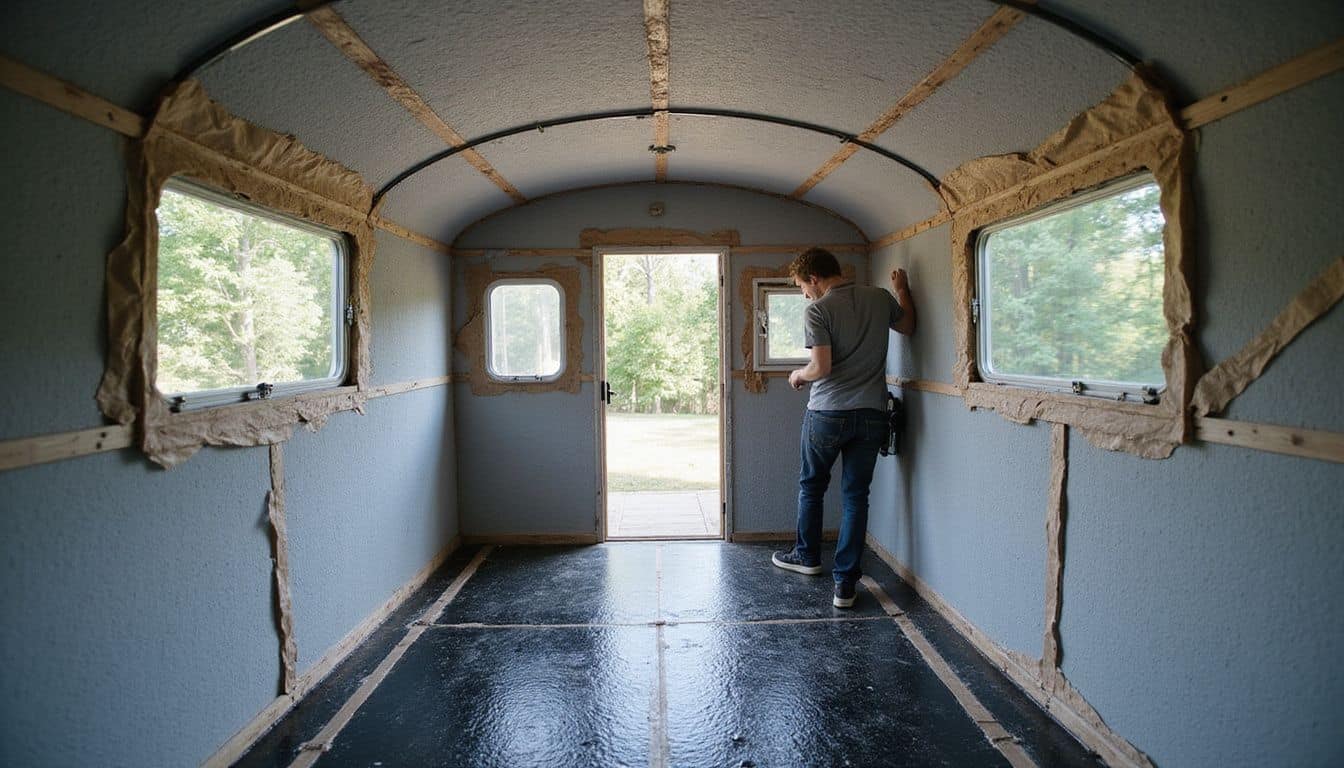The photo shows meticulously insulated camper shell interior with foam panels, Reflectix insulation, rubber mats, and camping gear.