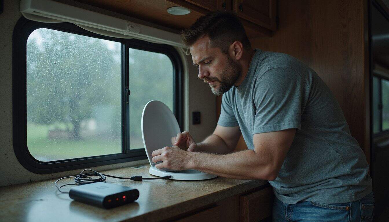 A man in a camper shell struggles with limited power and a storm. A man in a camper shell struggles with limited power and a storm.