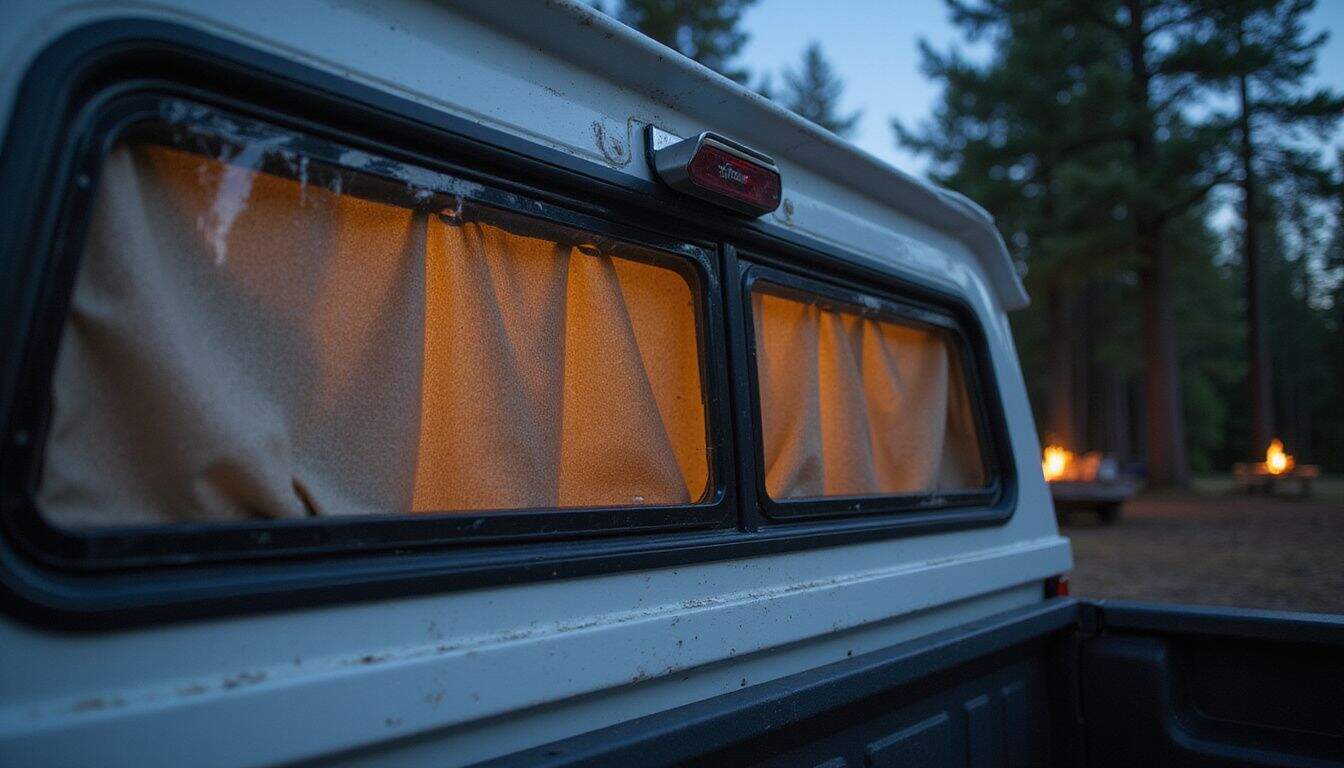 A close-up photo of a truck camper shell window at night, showing reflections, latches, and a campground in the background. A close-up photo of a truck camper shell window at night, showing reflections, latches, and a campground in the background.