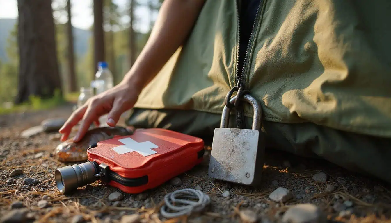A close-up of a padlocked tent with camping supplies, set in a natural forest environment. A close-up of a padlocked tent with camping supplies, set in a natural forest environment.