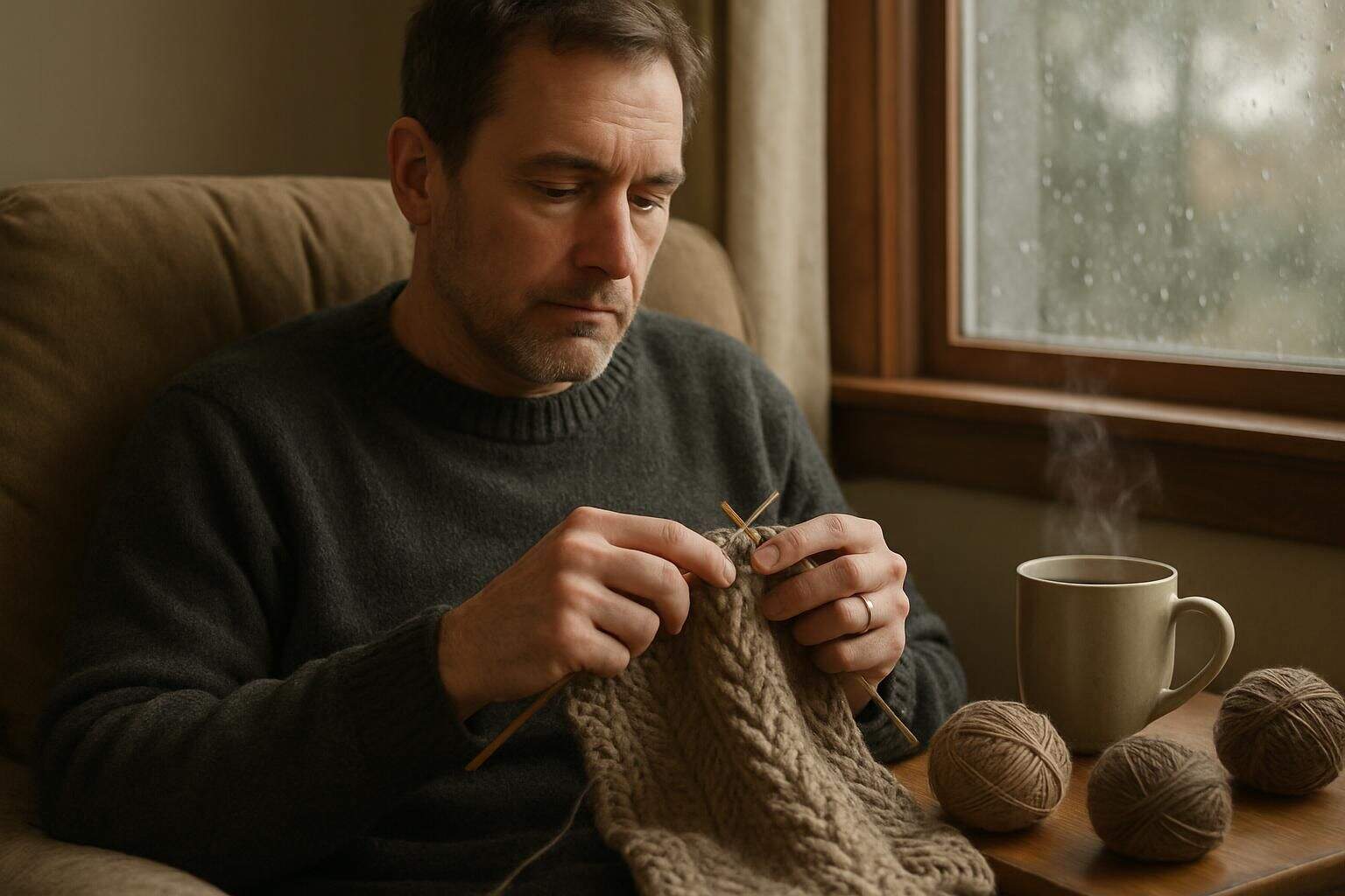 A middle-aged man knits a thick sweater in a cozy living room filled with yarn and a steaming mug of tea. A middle-aged man knits a thick sweater in a cozy living room filled with yarn and a steaming mug of tea.