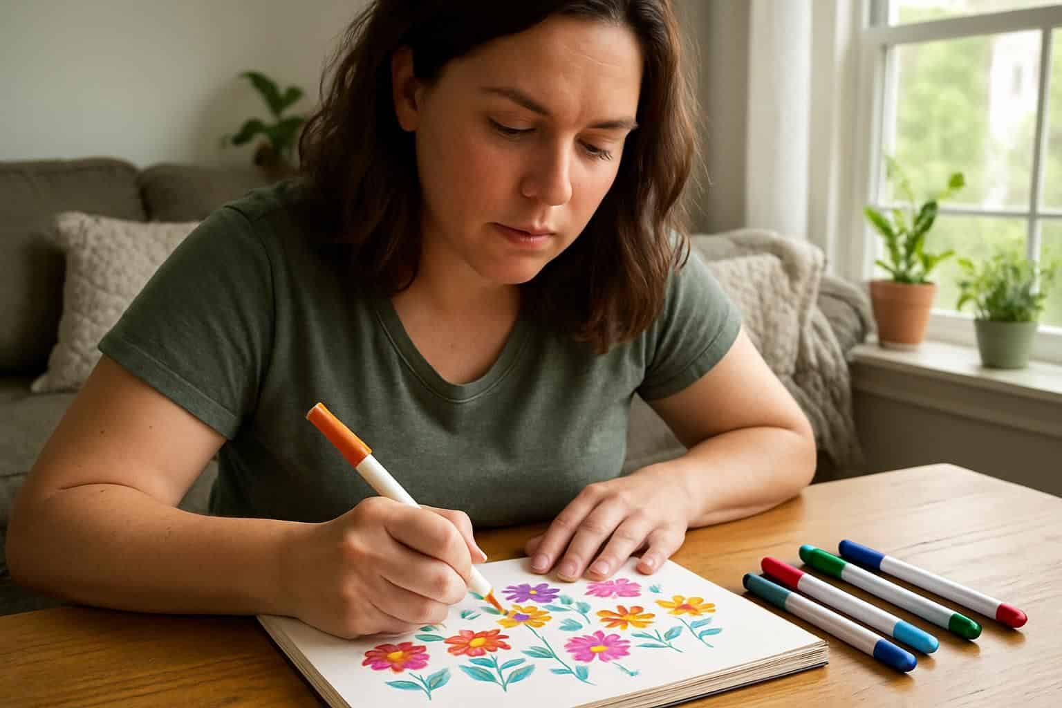 A woman sketches vibrant floral doodles at a polished oak table surrounded by cozy home decor.