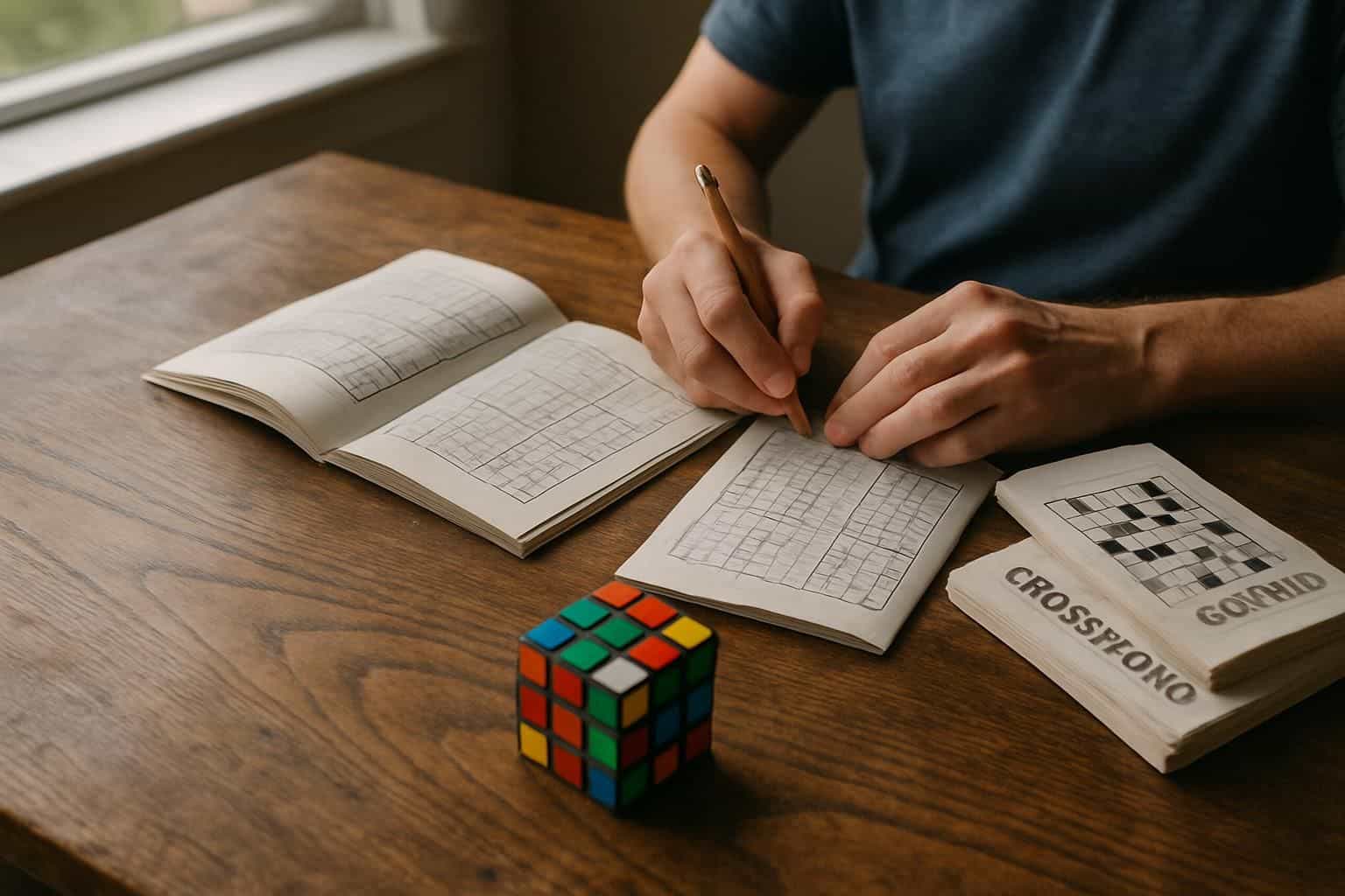 A person's hands hold a pencil over a wooden table filled with puzzle books and a Rubik's Cube. A person's hands hold a pencil over a wooden table filled with puzzle books and a Rubik's Cube.