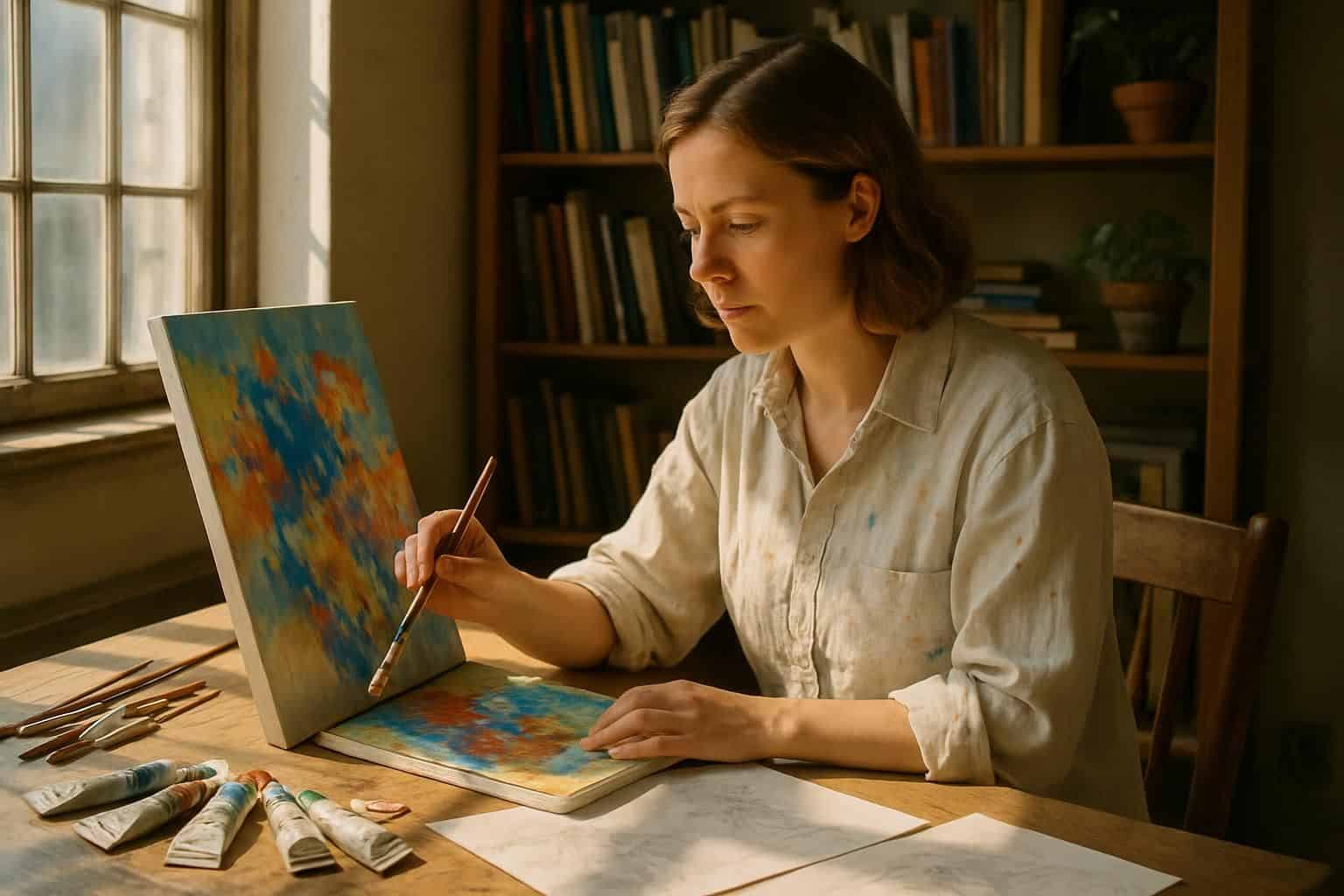 A focused woman blends vibrant acrylics at her oak desk, surrounded by art supplies and creative inspiration. A focused woman blends vibrant acrylics at her oak desk, surrounded by art supplies and creative inspiration.