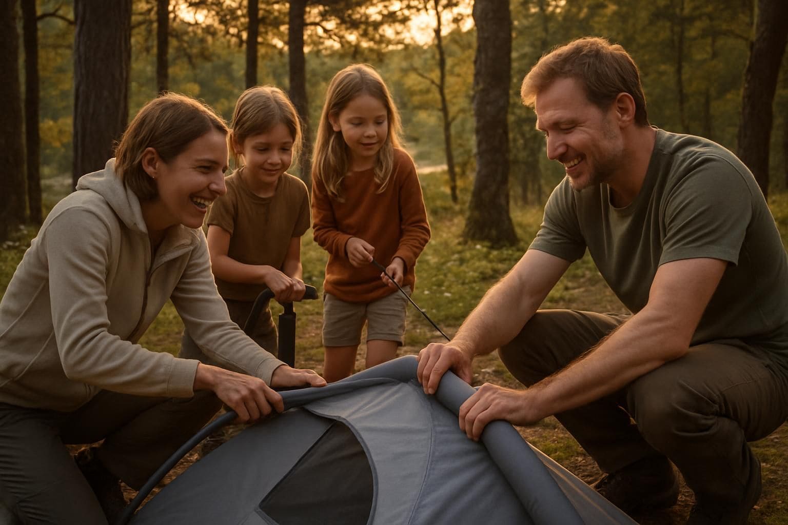 A family of four joyfully assembles a modern inflatable tent at a wooded campsite during their outdoor adventure. A family of four joyfully assembles a modern inflatable tent at a wooded campsite during their outdoor adventure.