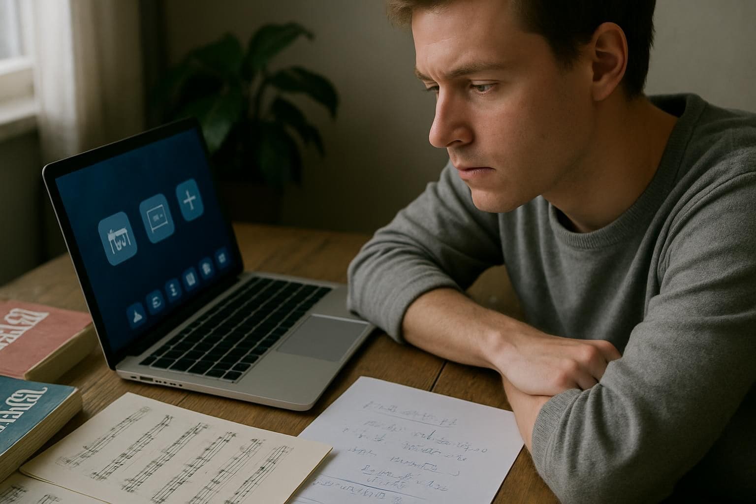 A focused individual studies at a wooden desk cluttered with textbooks, sheets of music, and a laptop. A focused individual studies at a wooden desk cluttered with textbooks, sheets of music, and a laptop.