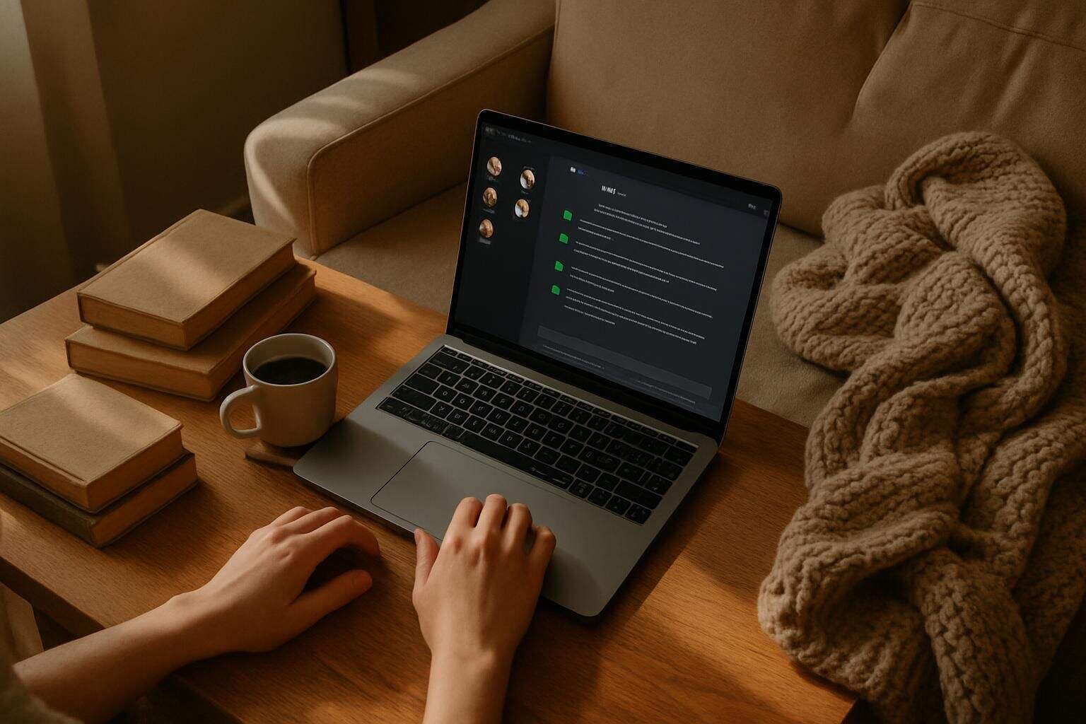 A cozy living room features a laptop, books, coffee, and a blanket, reflecting a comfortable digital connection. A cozy living room features a laptop, books, coffee, and a blanket, reflecting a comfortable digital connection.