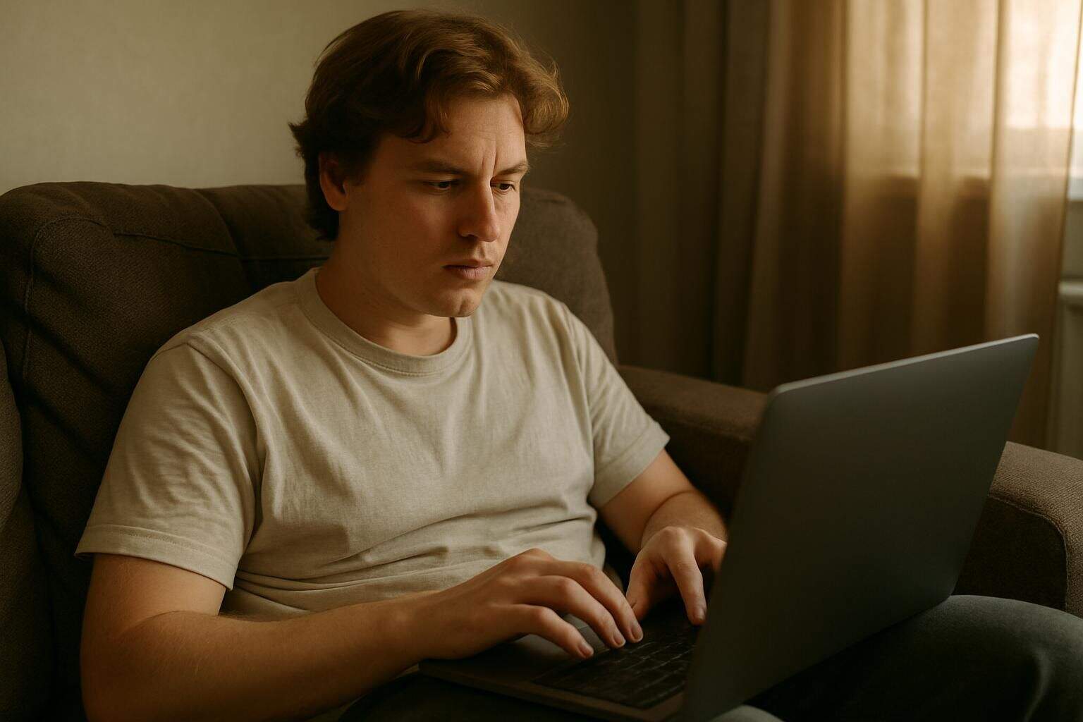 A young adult sits relaxed on a couch, focused on typing at their laptop with a concentrated expression. A young adult sits relaxed on a couch, focused on typing at their laptop with a concentrated expression.