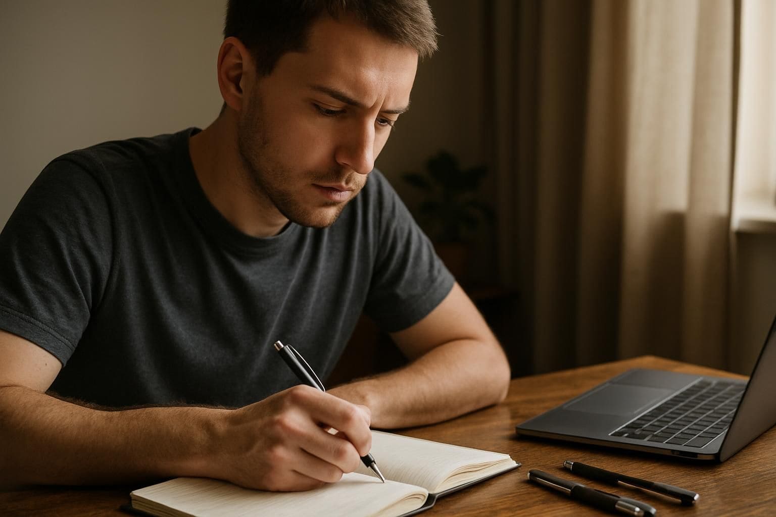 A young man sits at a wooden desk, writing in a journal amidst scattered papers and pens. A young man sits at a wooden desk, writing in a journal amidst scattered papers and pens.