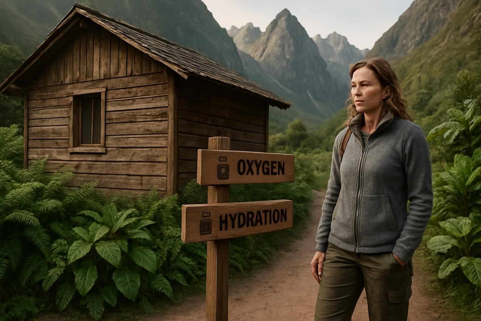 A rustic wooden cabin in the Peruvian Andes, surrounded by lush greenery and signposts for hikers. A rustic wooden cabin in the Peruvian Andes, surrounded by lush greenery and signposts for hikers.
