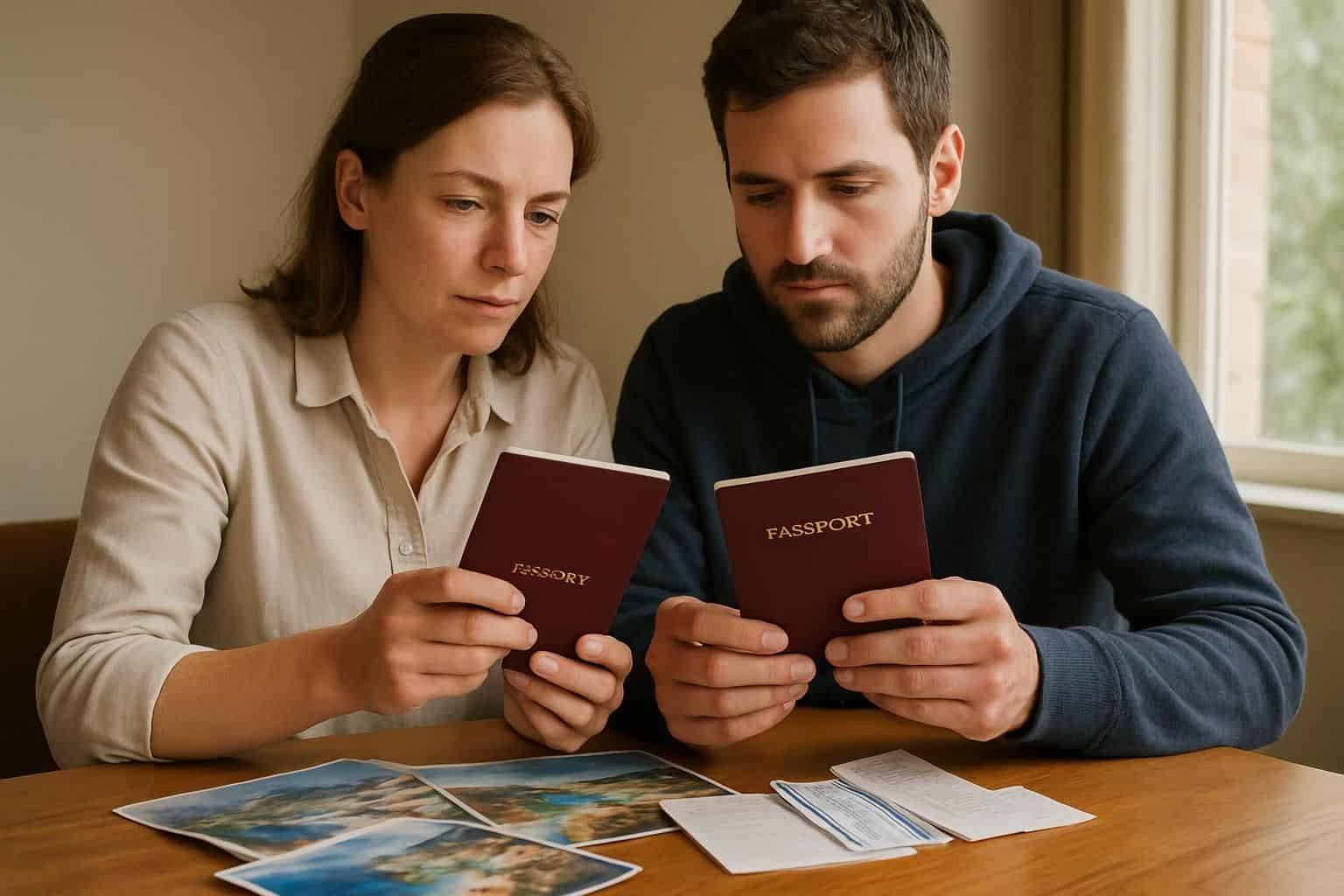 A couple plans their upcoming trip, reviewing their passports and travel materials at a solid oak desk. A couple plans their upcoming trip, reviewing their passports and travel materials at a solid oak desk.