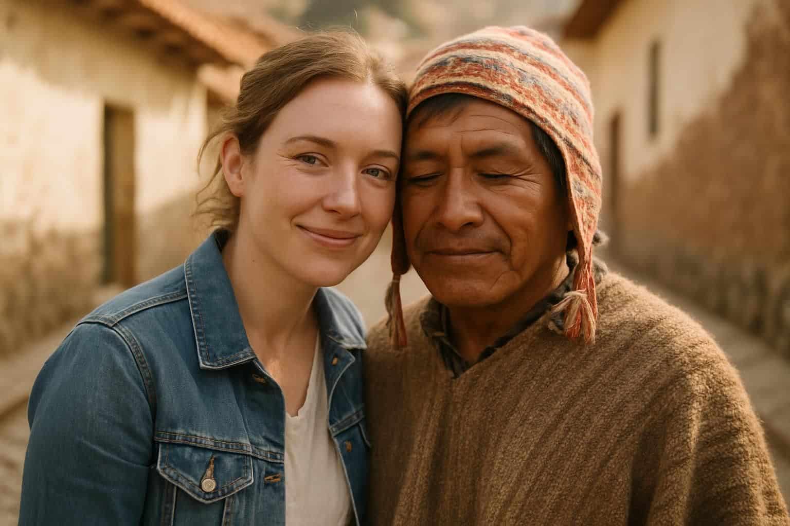 A woman and a local man share a warm moment, their cheeks touching in a historic cobblestone street. A woman and a local man share a warm moment, their cheeks touching in a historic cobblestone street.