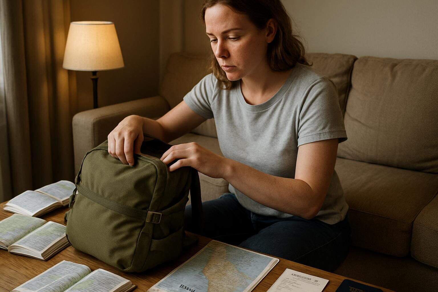 A woman meticulously packs her olive-green backpack with travel essentials while preparing for a trip to Peru. A woman meticulously packs her olive-green backpack with travel essentials while preparing for a trip to Peru.